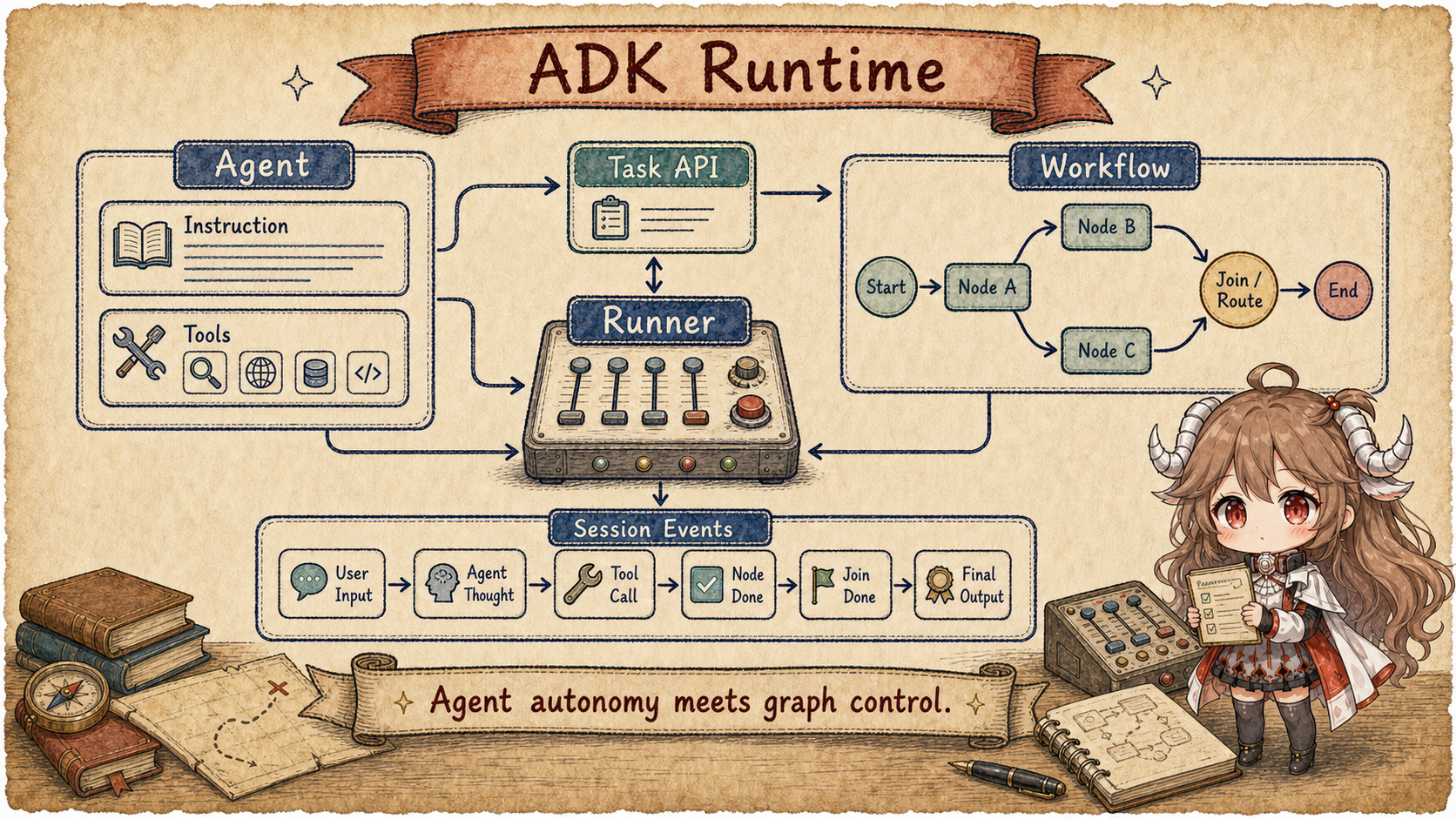 ADK Runtime map showing Agent, Instruction, Tools, Task API, Runner, Workflow, and Session Events connecting agent autonomy with graph control