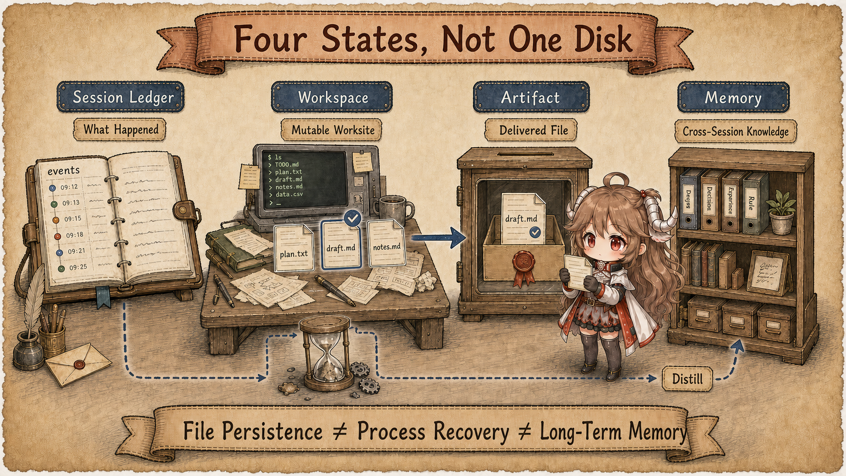 Hand-drawn diagram of four agent runtime states: the Session ledger records what happened, the Workspace carries mutable files, selected files are promoted to Artifacts, and post-run evidence is distilled into cross-session Memory; file persistence is not process recovery or long-term memory