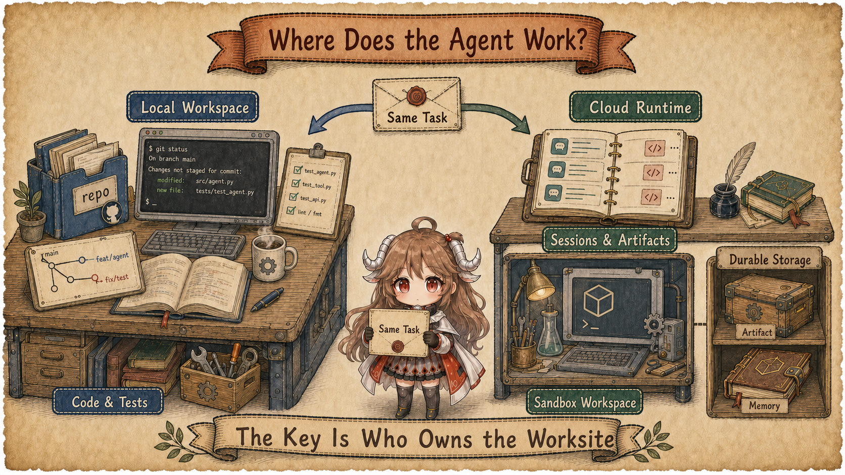 Hand-drawn comparison of agent worksites: the same task enters either a local workspace centered on a repository, code, and tests, or a cloud runtime that separates a sandbox workspace from durable session, artifact, and memory state