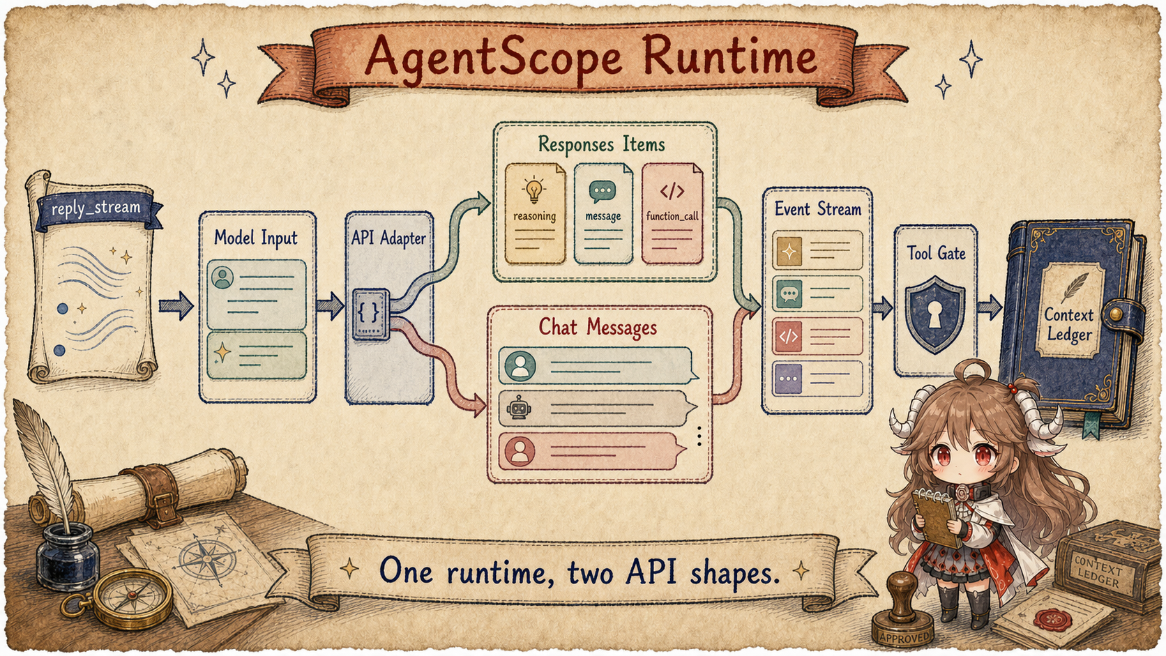 AgentScope Runtime map showing reply_stream through Model Input and API Adapter into Responses Items, Chat Messages, Event Stream, Tool Gate, and Context Ledger