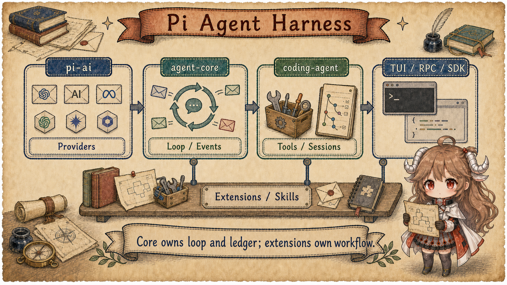 Pi Agent Harness layers showing pi-ai, agent-core, coding-agent, TUI/RPC/SDK, and Extensions/Skills