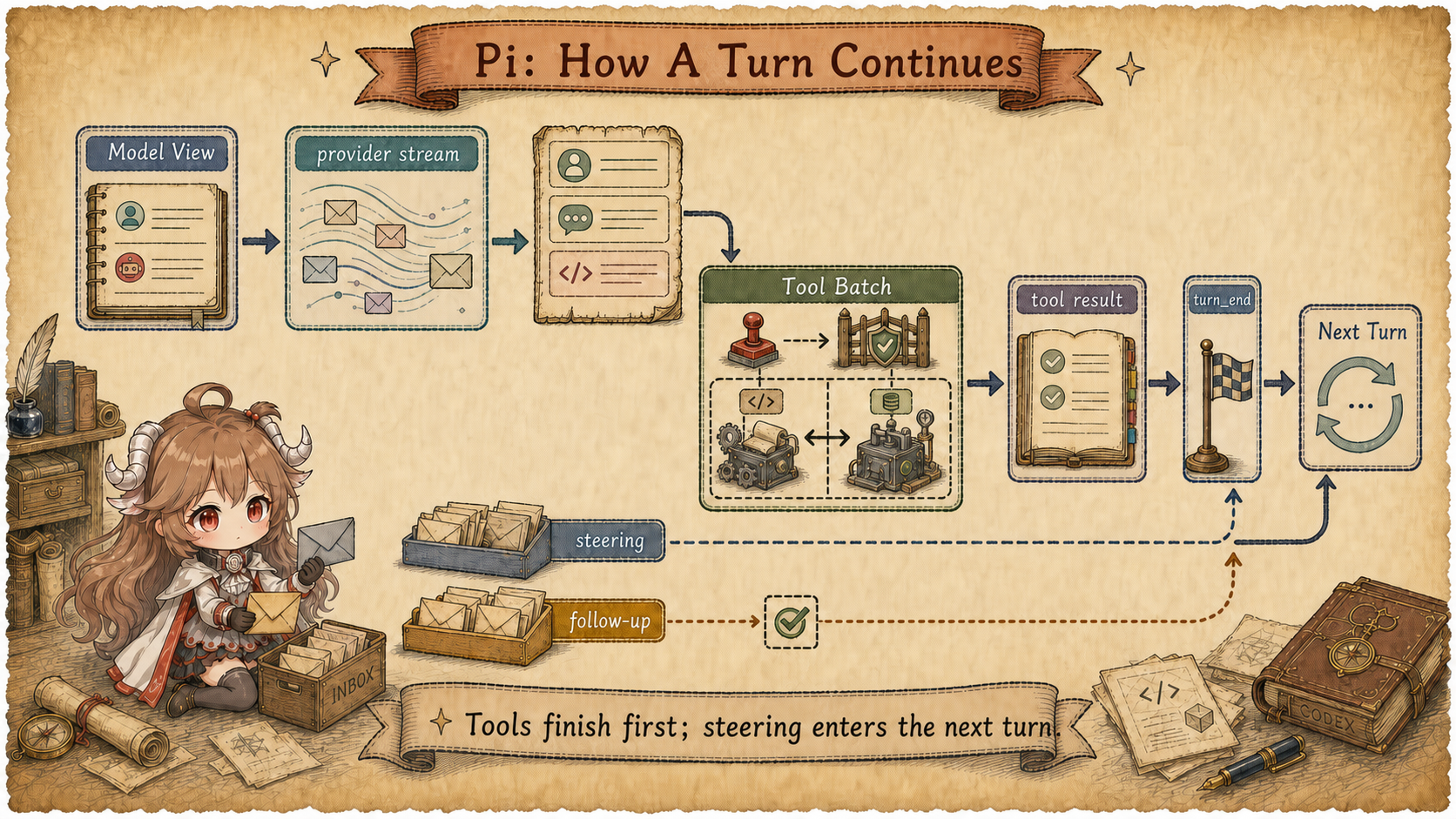 Hand-drawn Pi agent loop sequence: model-visible context enters the provider stream, produces an assistant message, completes and records a tool batch, injects steering before the next turn, and accepts follow-up only after the original work ends