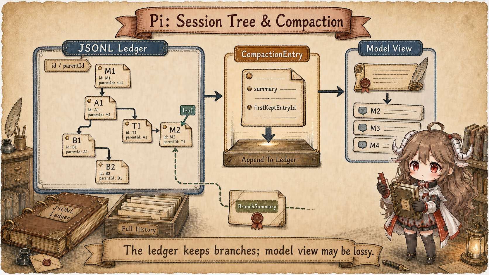 Hand-drawn Pi session tree and compaction: JSONL preserves full branches through id and parentId, leaf selects the active path, CompactionEntry appends summary and firstKeptEntryId, the model sees summary plus recent records, and raw history stays in the ledger