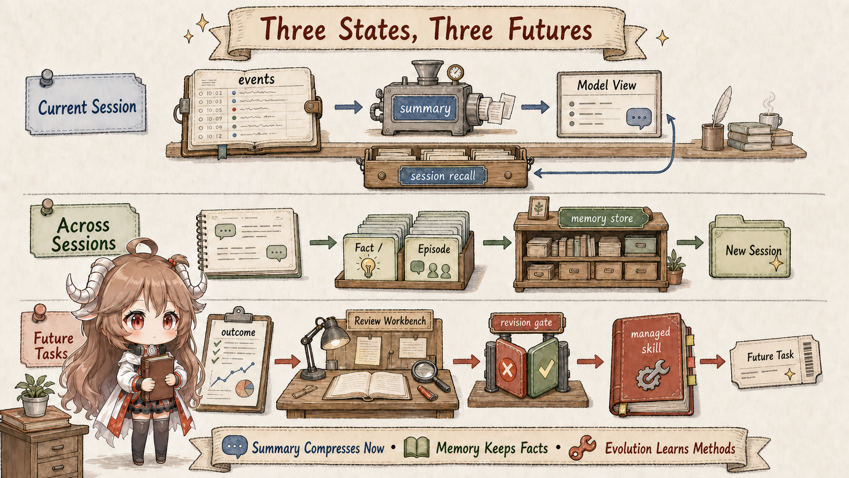 tRPC-Agent-Go three-state map separating current-session context, cross-session Memory, and future Skill Evolution