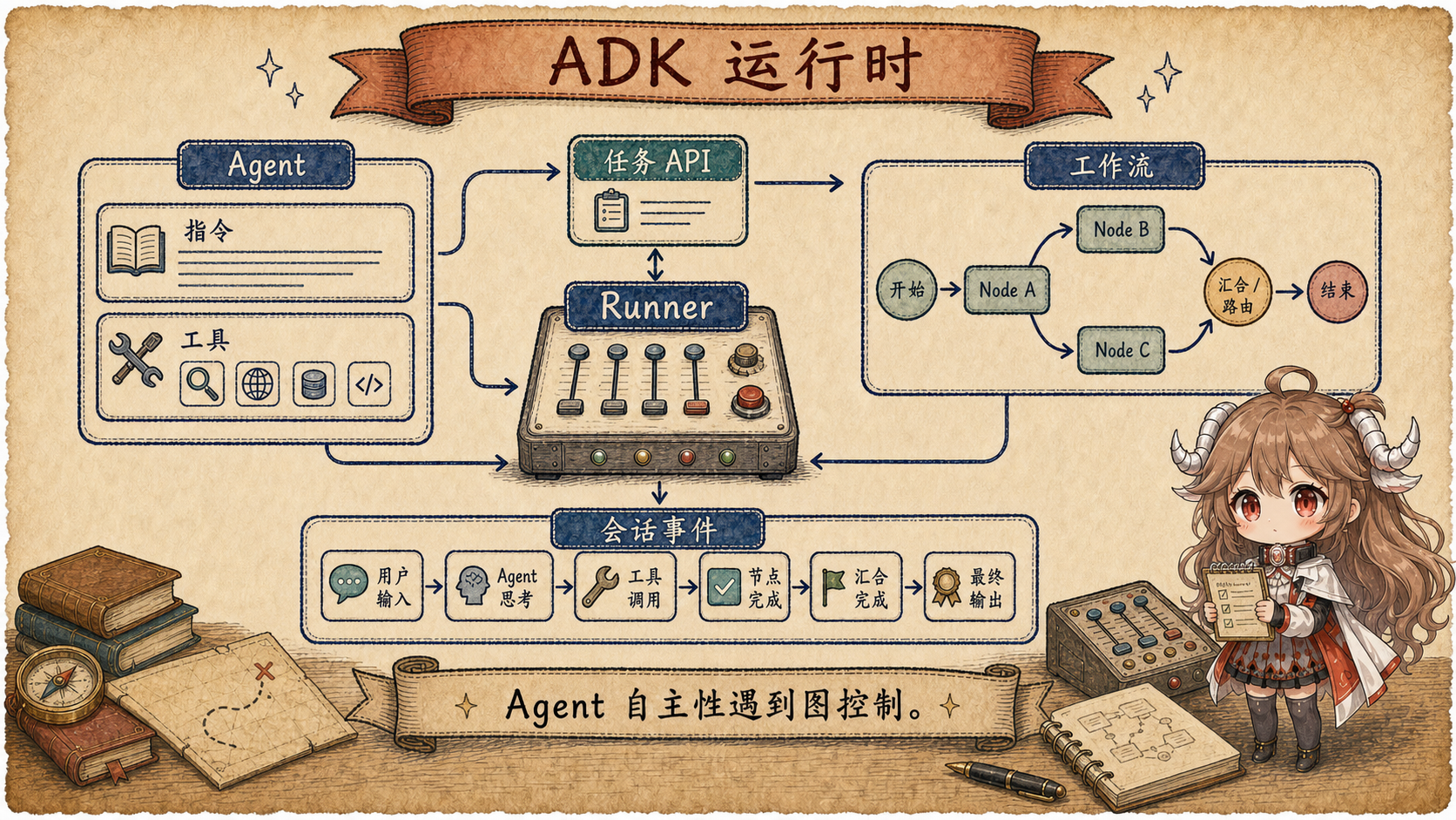 ADK Runtime 手绘图：Agent、Instruction、Tools、Task API、Runner、Workflow 和 Session Events 串起自主 agent 与 graph control