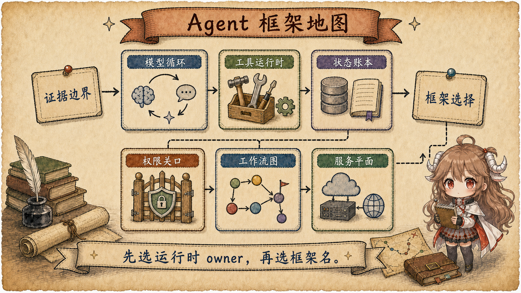 Agent 框架 runtime owner 地图，展示模型循环、工具运行时、状态账本、权限关口、workflow graph 和服务平面