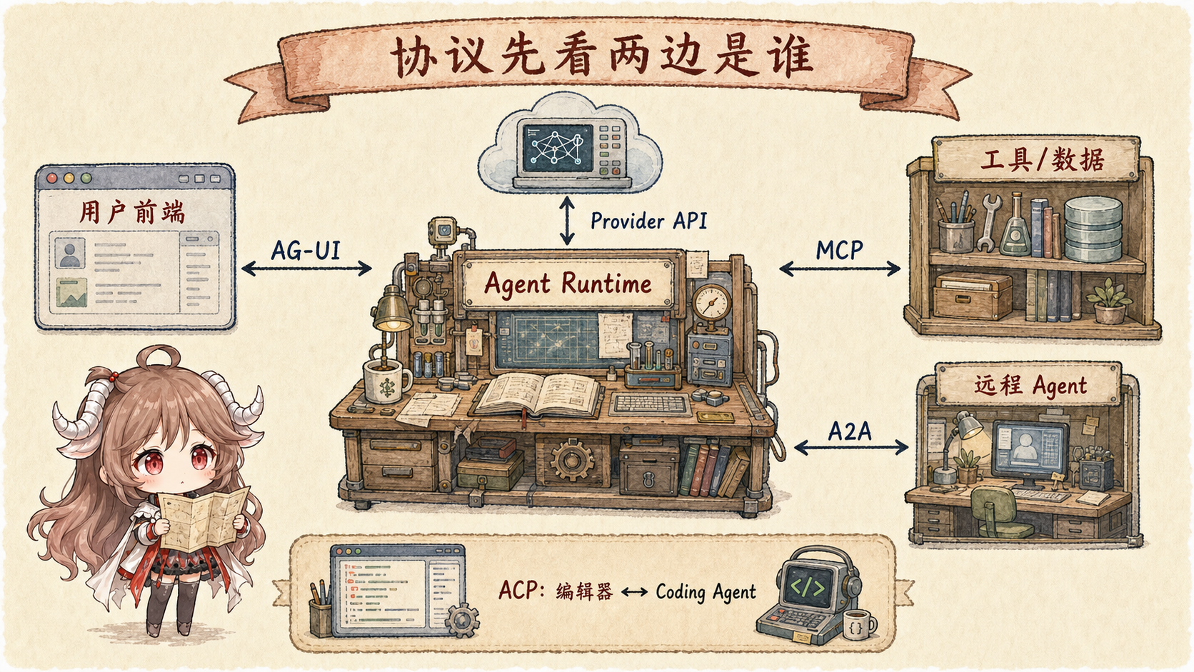 Agent 协议边界手绘图：Agent Runtime 通过 AG-UI 连前端、MCP 连工具与数据、A2A 连远程 Agent，ACP 连编辑器与 Coding Agent，Provider API 单独连模型