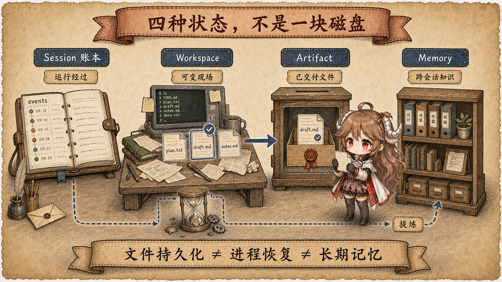 Agent Runtime 四种状态手绘图：Session 账本保存运行经过，Workspace 承载可变文件，选中的文件被提升为 Artifact，完成后的会话证据再经提炼进入跨会话 Memory；文件持久化不等于进程恢复或长期记忆