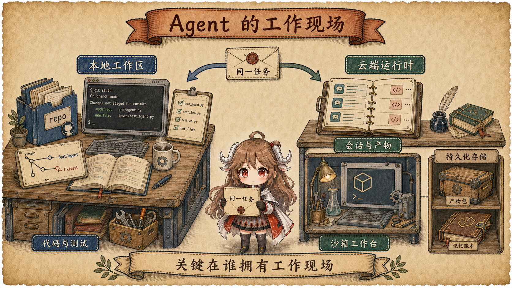 Agent 工作现场手绘对照图：同一任务分别进入本地工作区与云端运行时，本地以 repository、代码和测试为中心，云端把 sandbox workspace 与持久化的 session、artifact、memory 分开管理