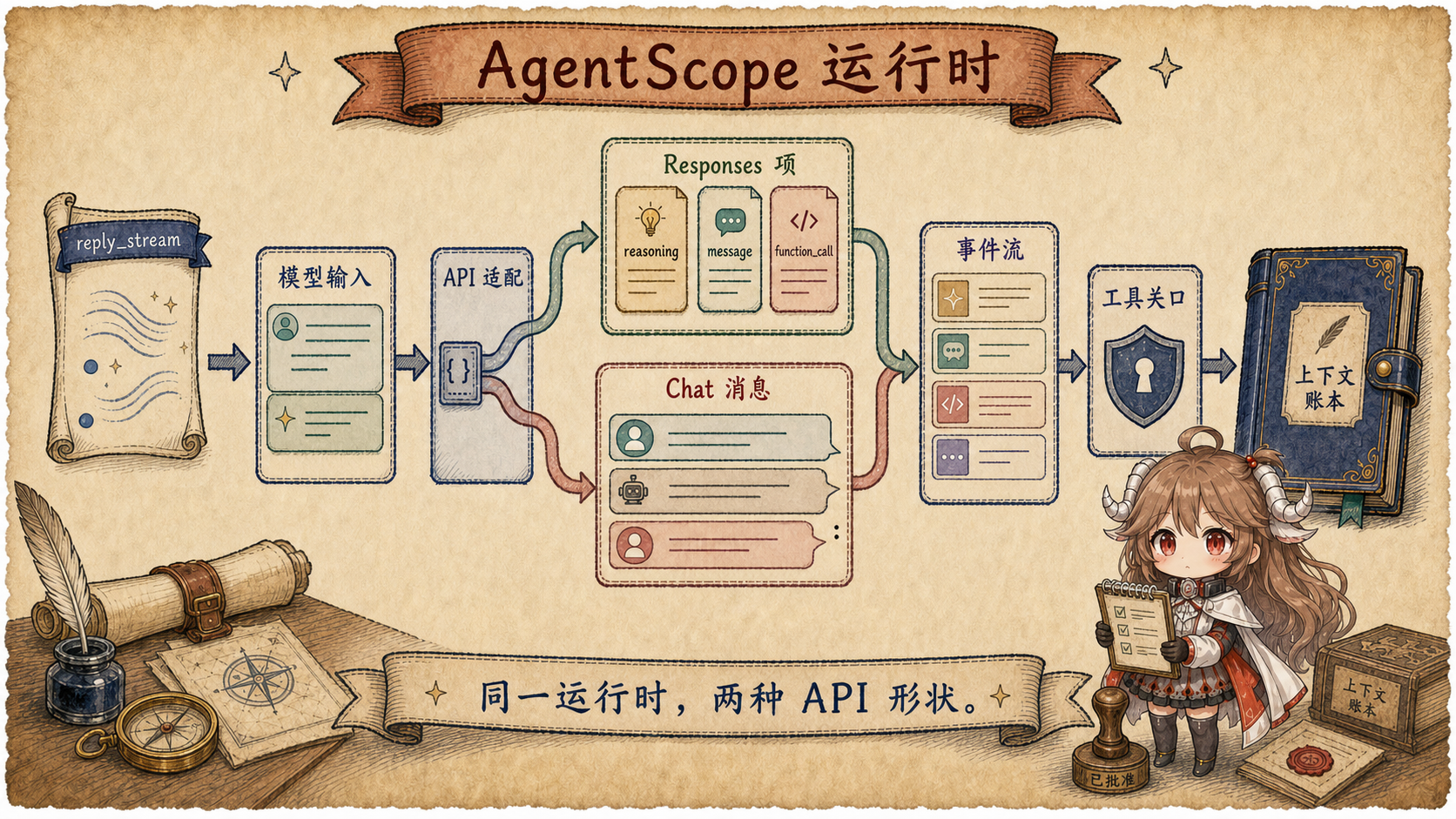 AgentScope Runtime 手绘图：reply_stream 经过 Model Input 和 API Adapter，分成 Responses Items 与 Chat Messages，再汇入 Event Stream、Tool Gate 和 Context Ledger