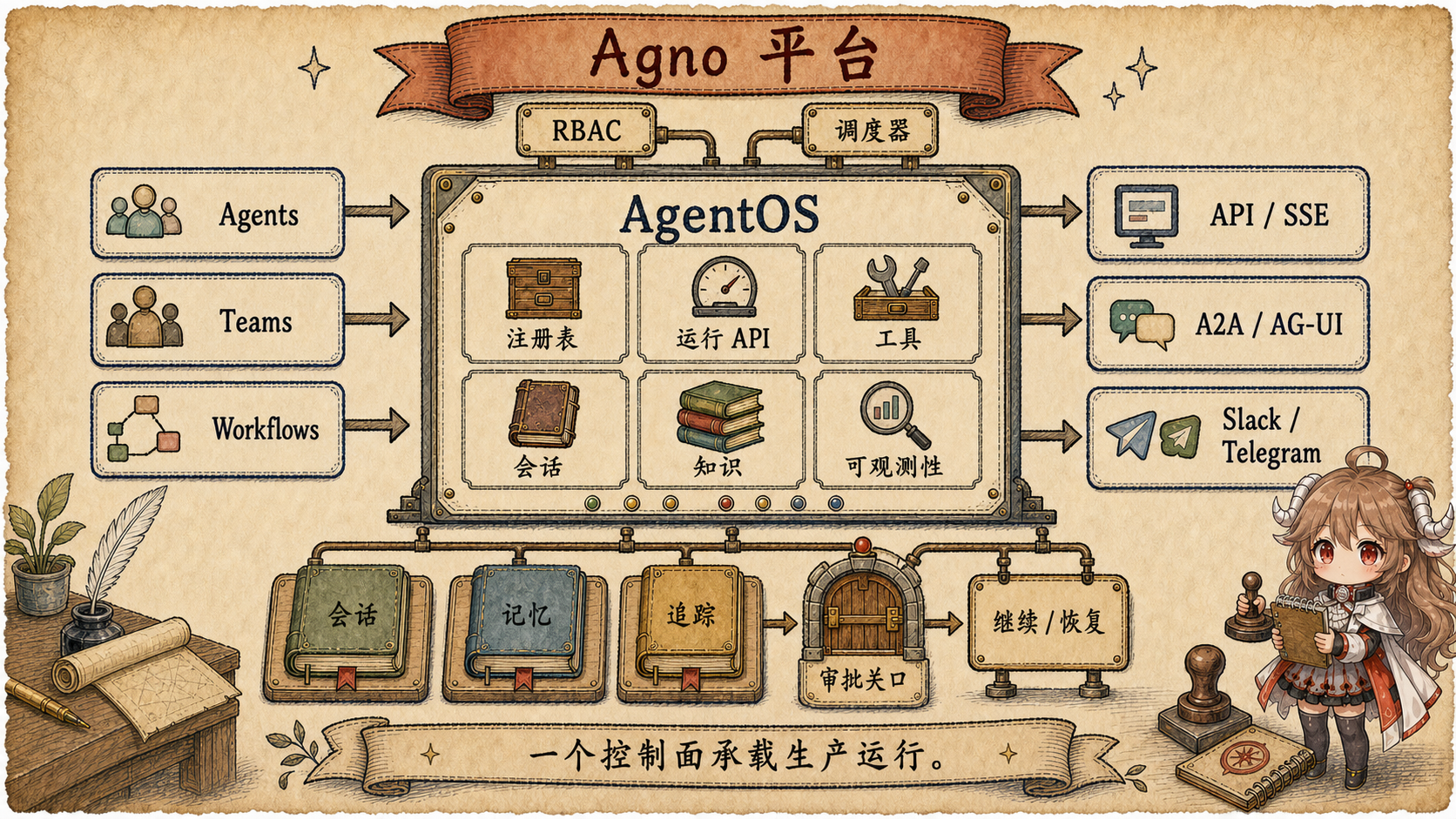 Agno Platform 手绘图：AgentOS 接入 Agents、Teams、Workflows，并连接 Registry、Run API、Tools、Sessions、Knowledge、Observability、RBAC、Scheduler、API/SSE、A2A/AG-UI、Slack/Telegram、Memory、Traces、Approval Gate 和 Continue/Resume