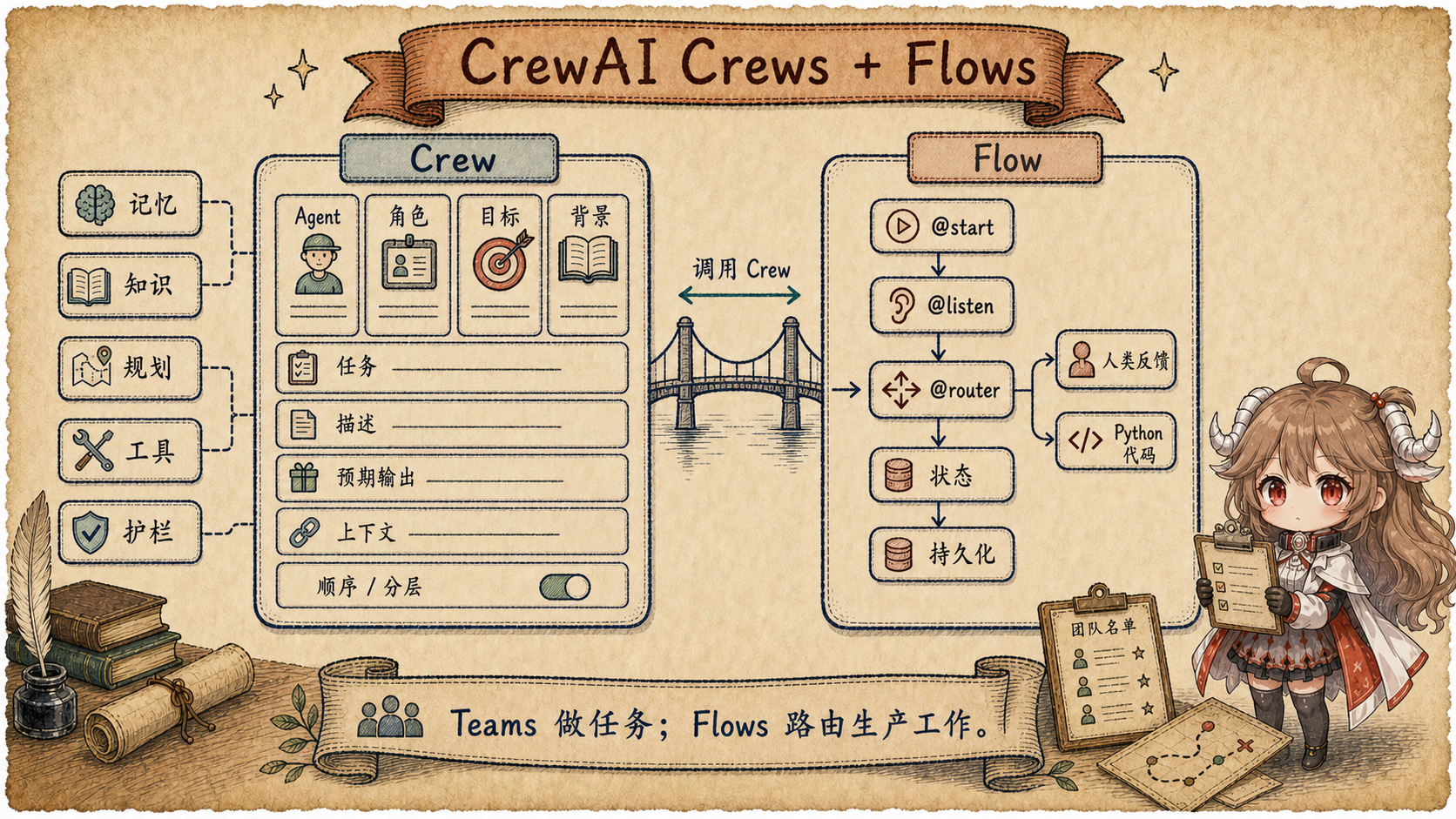 CrewAI Crews + Flows 手绘图：Crew 包含 Agent、Role、Goal、Backstory、Task、Description、Expected Output、Context、Sequential/Hierarchical，并连接 Memory、Knowledge、Planning、Tools、Guardrails；Flow 包含 @start、@listen、@router、State、Persistence、Human Feedback 和 Python Code