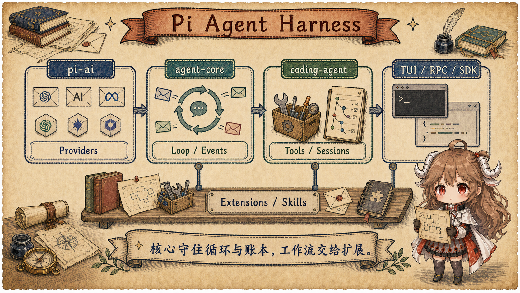 Pi Agent Harness 手绘分层图：pi-ai 统一 provider，agent-core 拥有循环和事件，coding-agent 接入工具、会话与压缩，TUI、RPC、SDK 和 Extensions 共用同一条运行主线