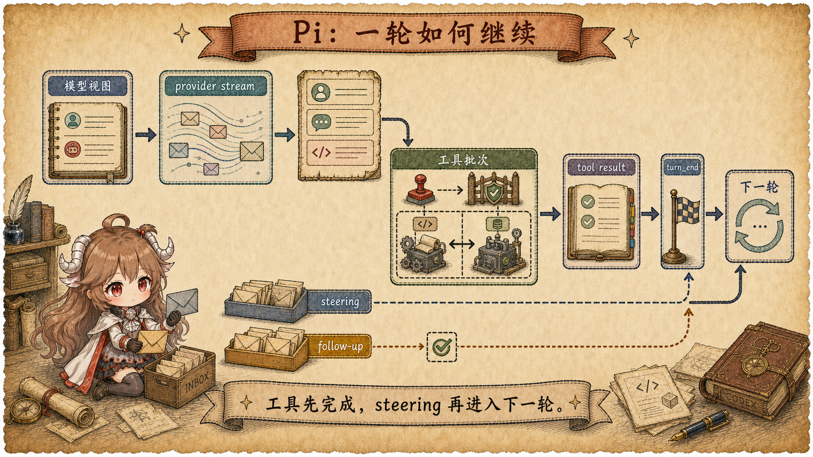 Pi agent loop 手绘时序图：模型可见上下文经过 provider stream 产生 assistant message，工具批次完成并写回 result，steering 在下一轮前注入，follow-up 只在原任务结束后进入