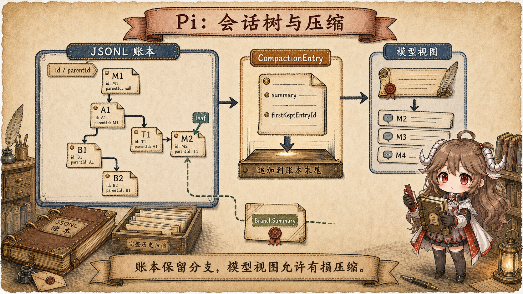 Pi 会话树与 compaction 手绘图：JSONL 以 id 和 parentId 保存完整分支，leaf 决定当前路径，CompactionEntry 追加 summary 和 firstKeptEntryId，模型只看 summary 与近期记录，原始历史仍留在账本