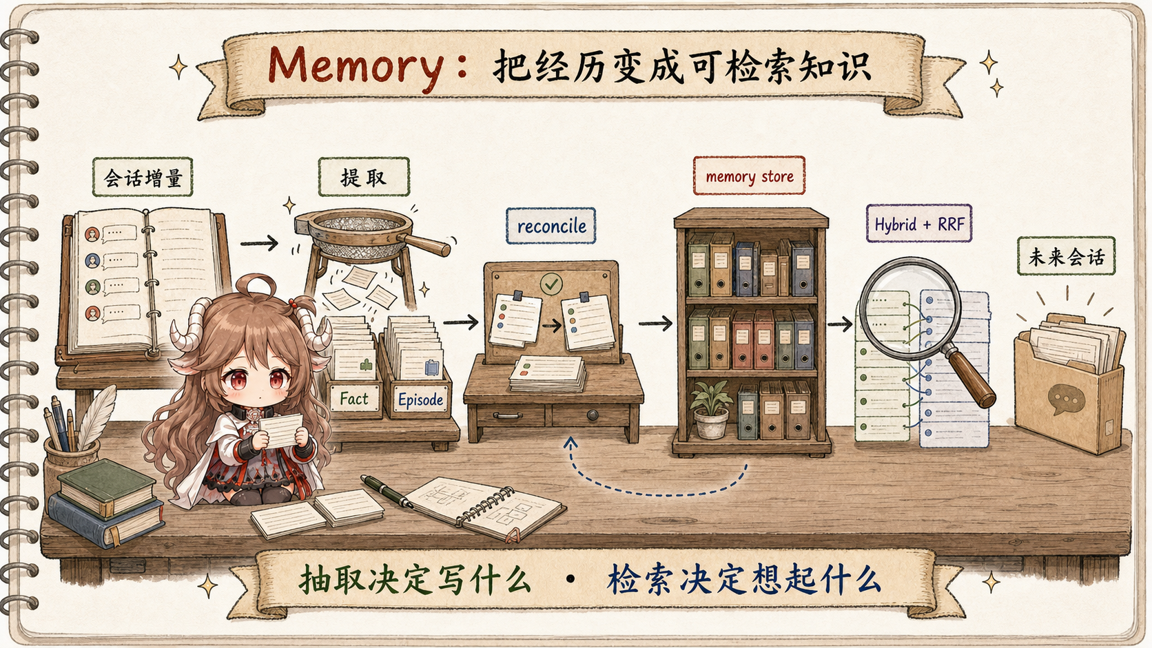 tRPC-Agent-Go Memory 手绘生命周期：会话增量抽取 Fact 与 Episode，经 reconcile 写入，再由 Hybrid 与 RRF 检索