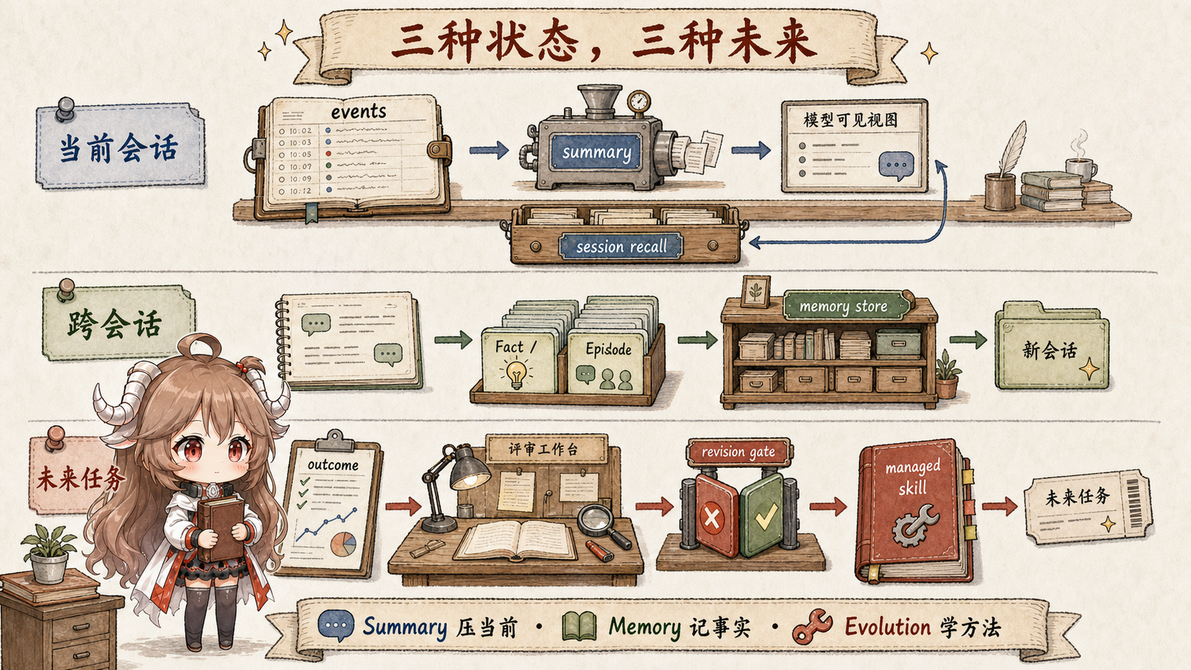 tRPC-Agent-Go 三种状态手绘图：当前会话、跨会话知识与未来技能分别由上下文、Memory 和 Evolution 治理