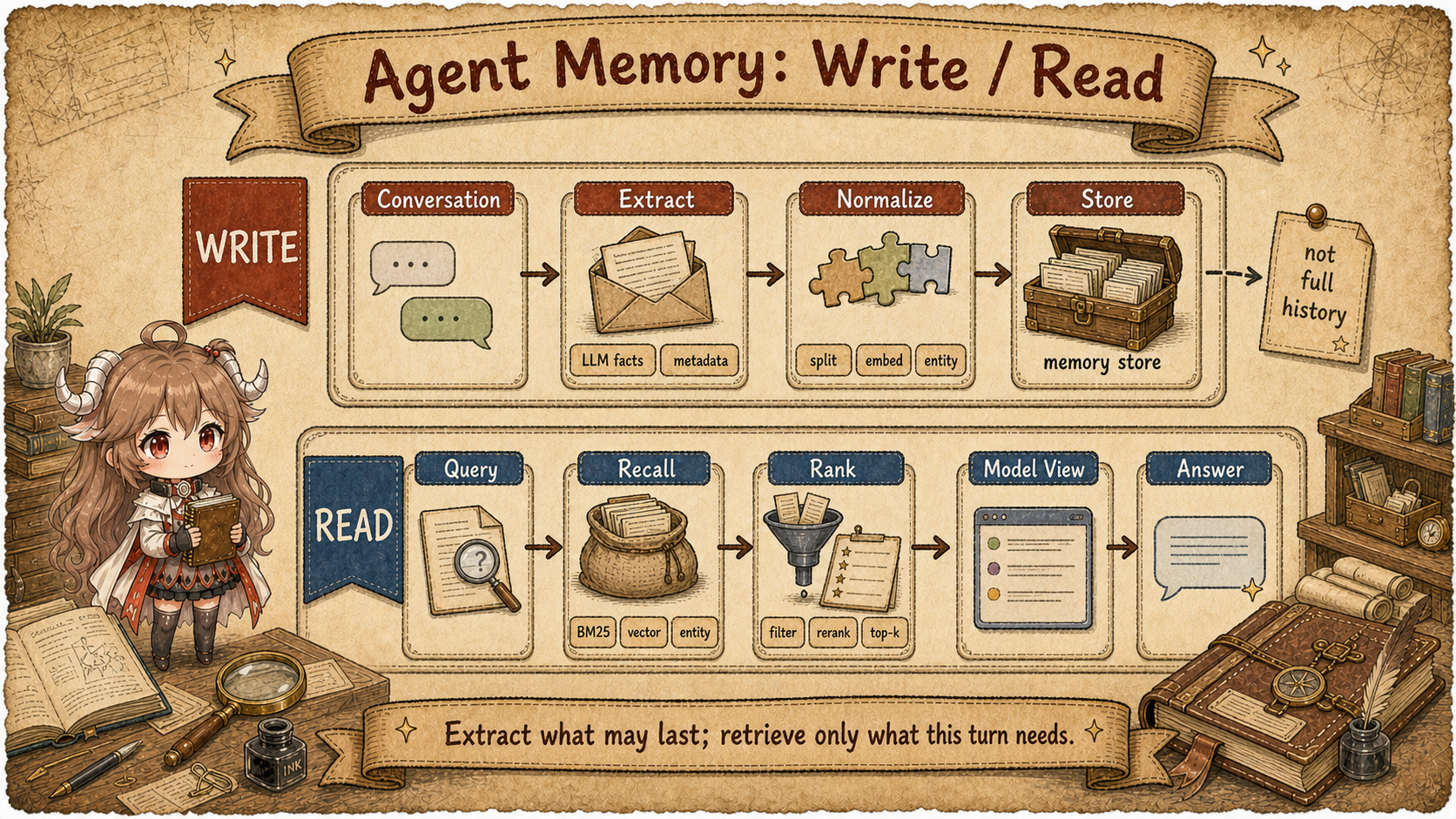 Agent Memory write and read loop: Conversation, Extract, Normalize, Store on the write lane, then Query, Recall, Rank, Model View, Answer on the read lane, emphasizing that the memory store is not the full history pasted into context
