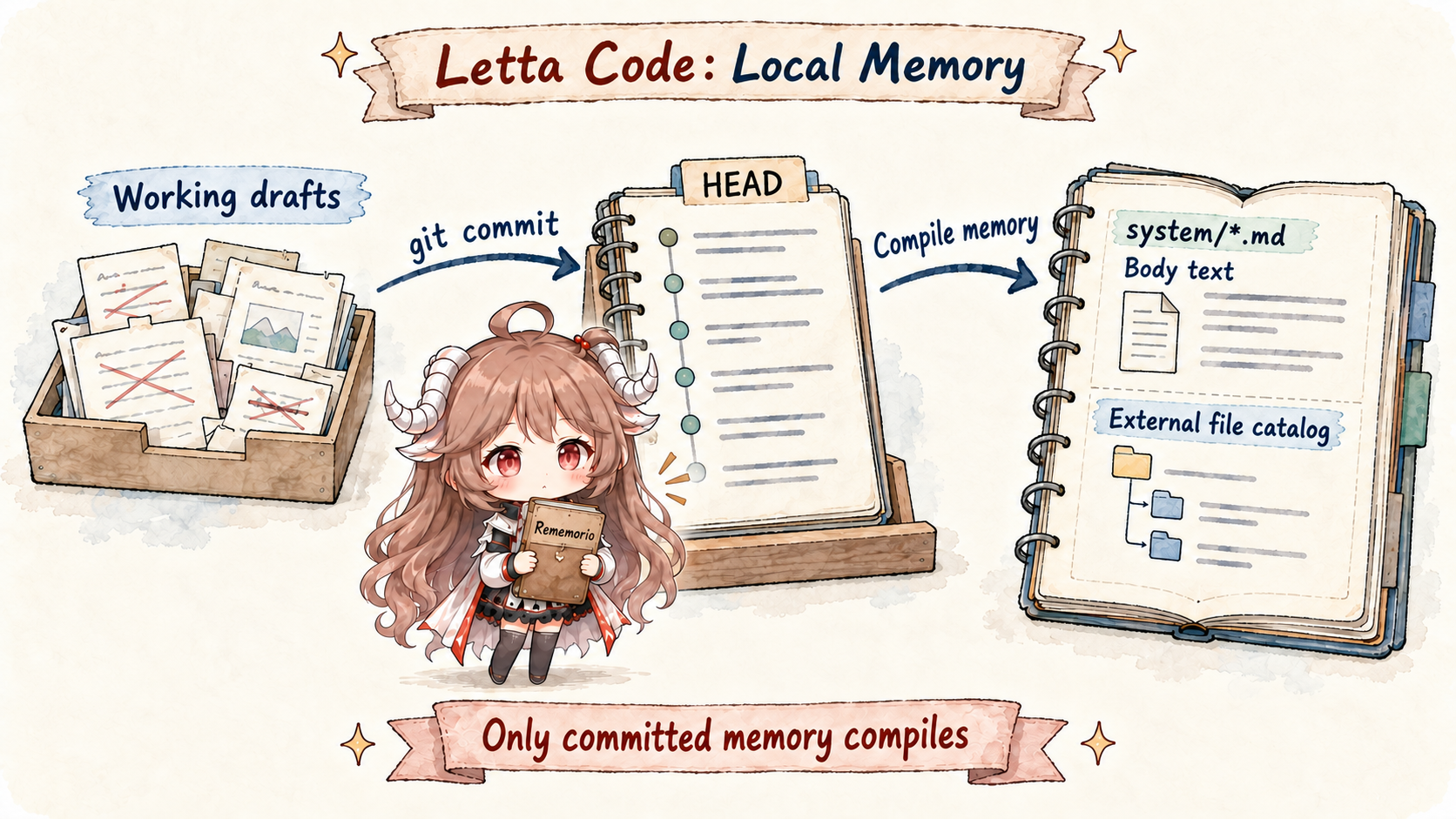 Letta Code local memory compilation: git commit makes working drafts visible in HEAD; compilation organizes committed system text and an external file catalog.