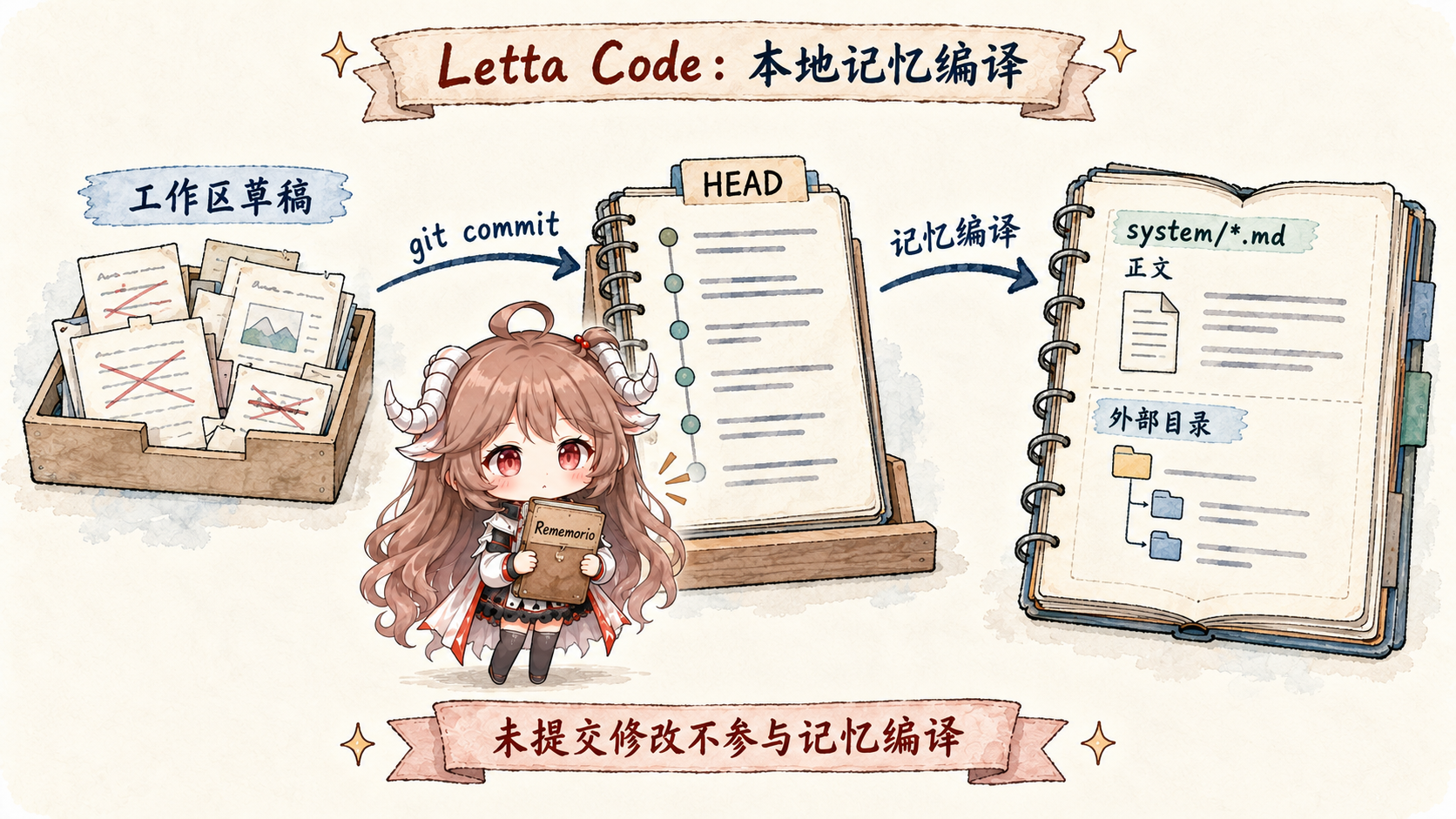 Letta Code 本地记忆编译：工作区草稿经 git commit 进入 HEAD；编译器读取已提交内容，分别组织 system 文件正文与外部文件目录。