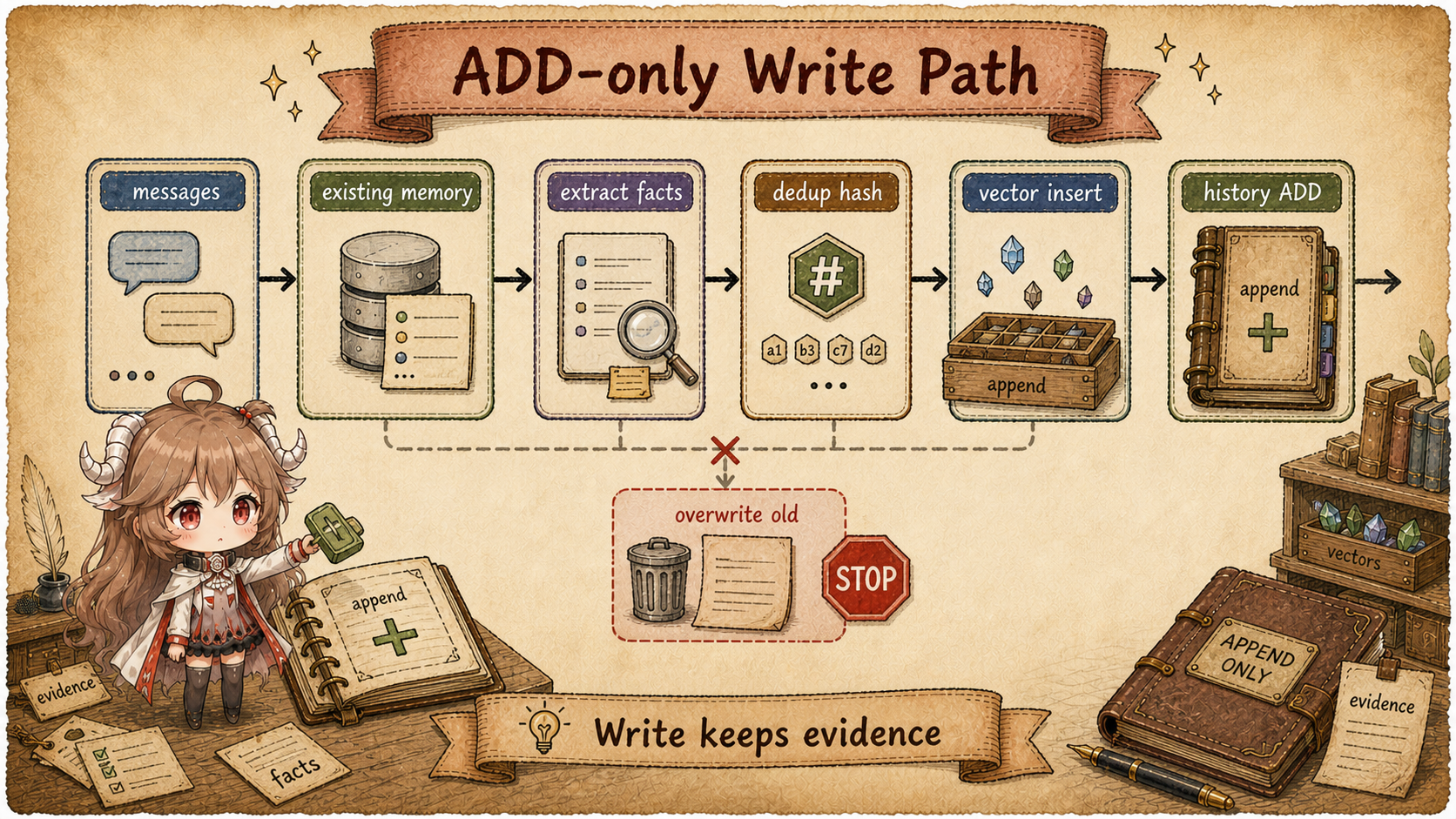 ADD-only write path showing messages, existing memory, fact extraction, hash deduplication, vector insert, history ADD, and a blocked overwrite shortcut