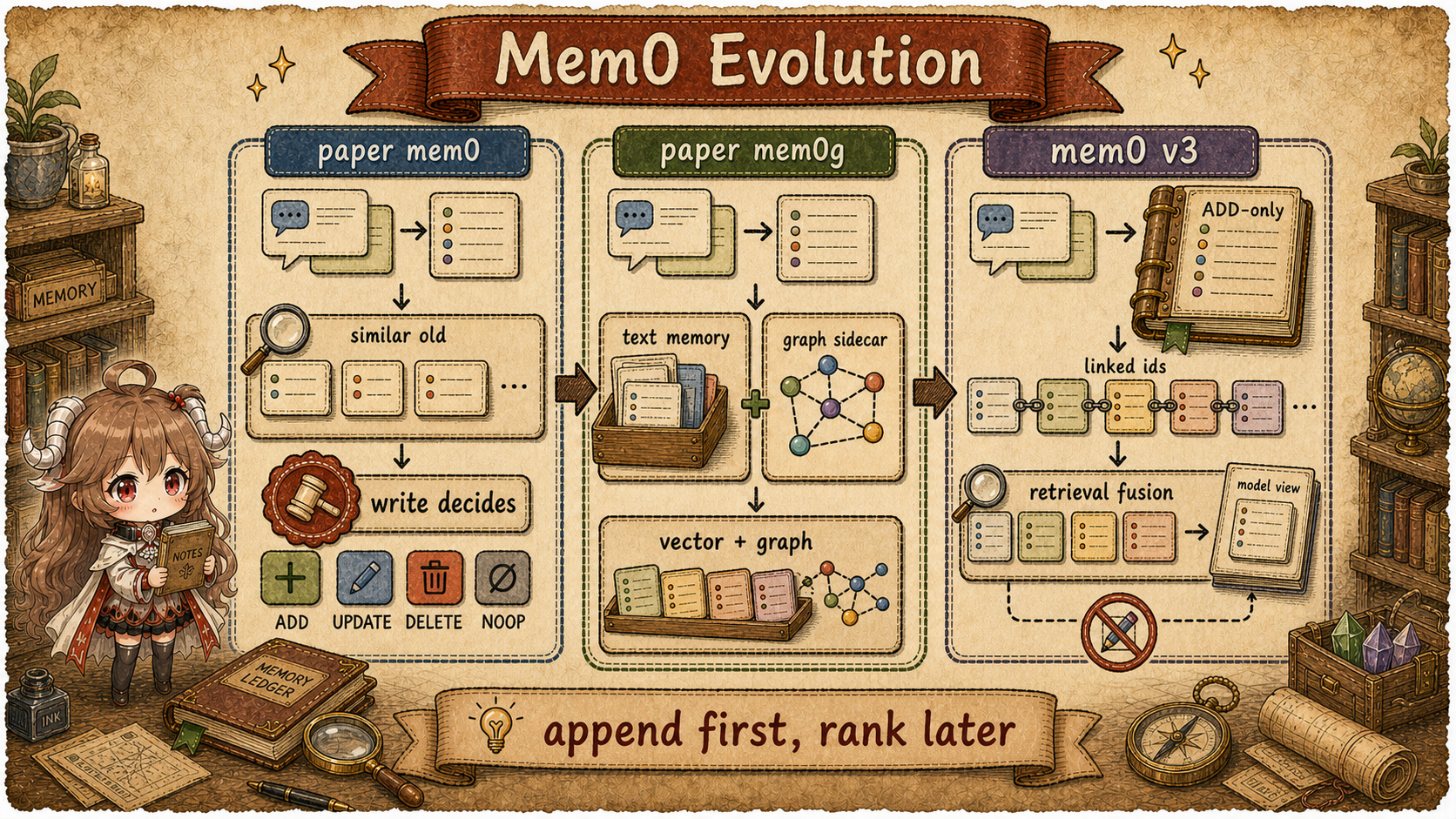 Mem0 algorithm evolution showing paper mem0 making write-time decisions on old memories, paper mem0g adding a graph sidecar beside text memory, and mem0 v3 using ADD-only writes, linked ids, and retrieval fusion to build a model view