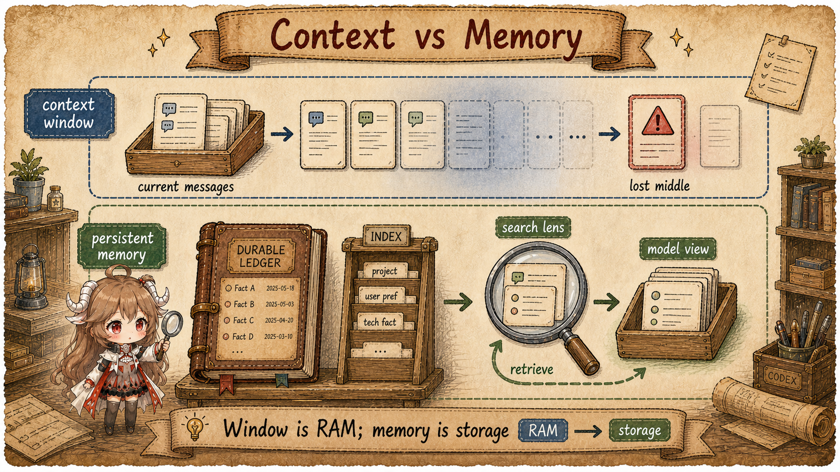Context versus memory comparison showing current messages in a context window and durable memory retrieved into the model view