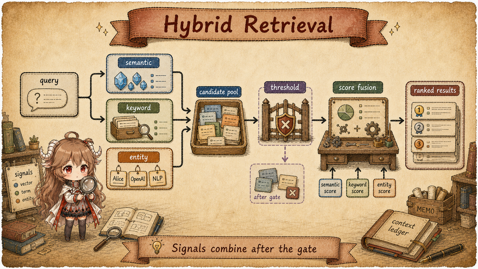 Hybrid retrieval showing query split into semantic, keyword, and entity signals, then candidate pool, threshold, score fusion, and ranked results