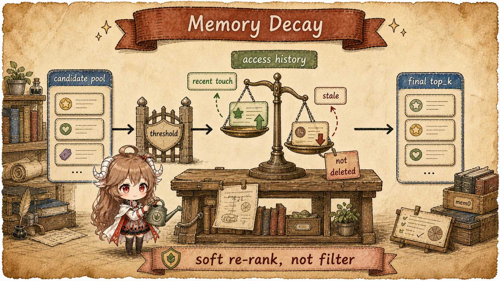 Memory Decay showing candidate pool, threshold, access history, recent touch boost, stale dampening, and final top_k