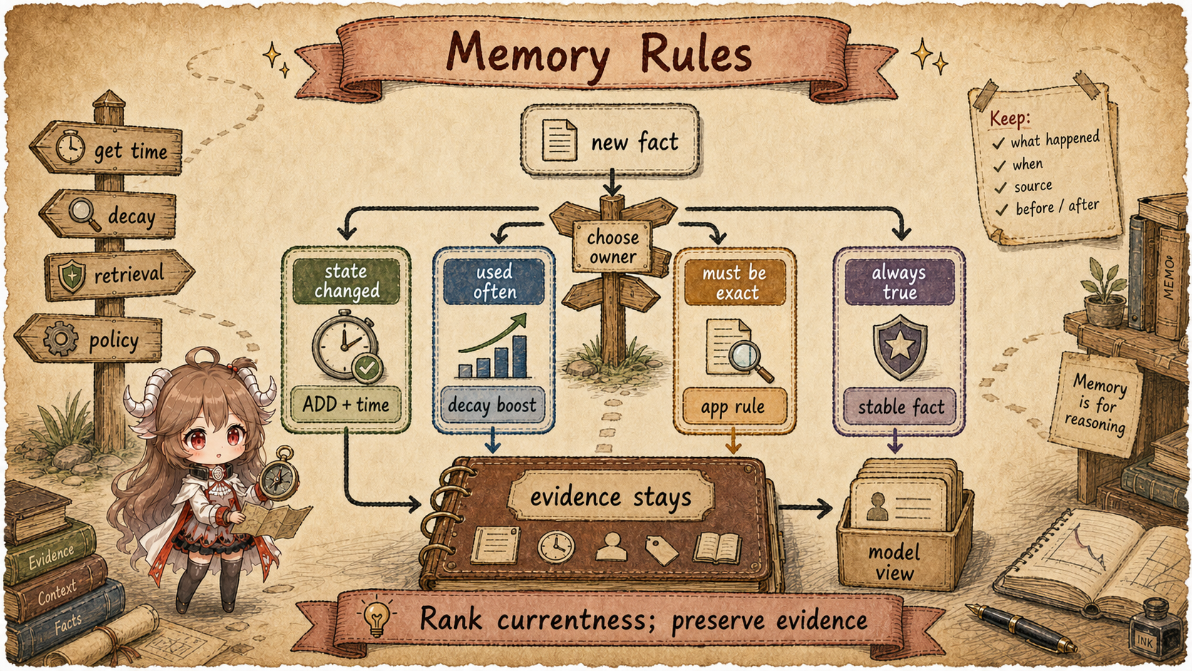 Memory rules map showing new fact routed through state changed, used often, must be exact, and stable fact paths