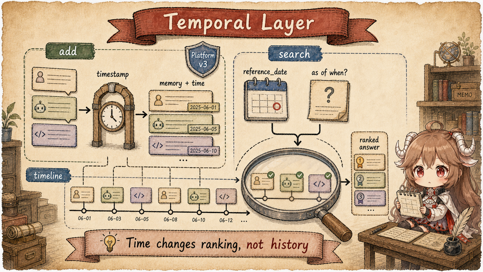Temporal layer showing timestamp on add, reference_date on search, a timeline, and ranked answer selection