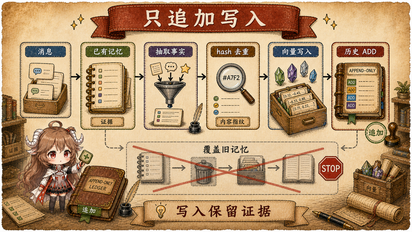 ADD-only Write Path 图，展示 messages、existing memory、extract facts、dedup hash、vector insert、history ADD 与被阻断的 overwrite old