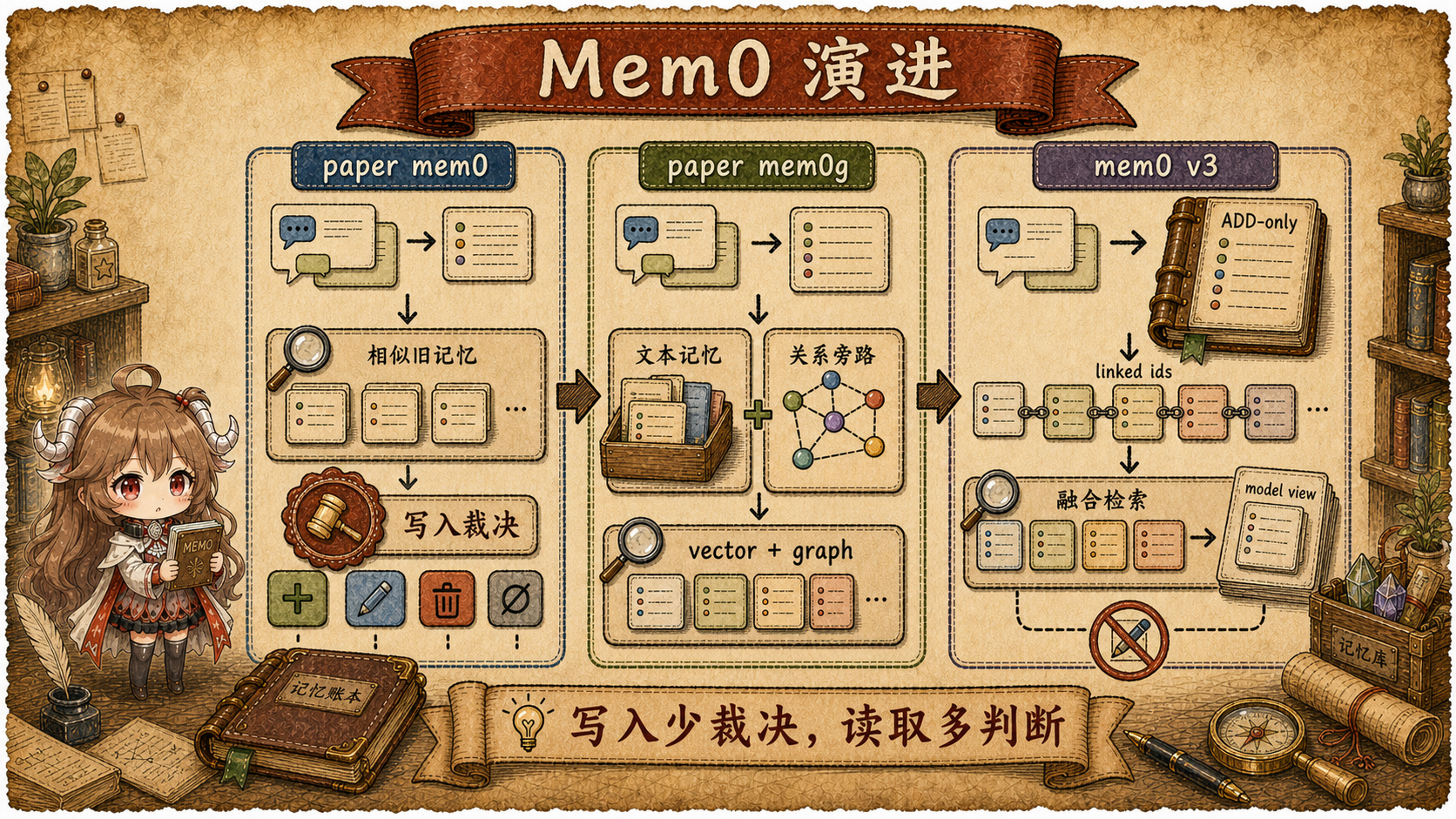 Mem0 算法演进图，展示 paper mem0 在写入时裁决旧记忆，paper mem0g 增加文本记忆旁边的关系旁路，mem0 v3 用 ADD-only、linked ids 和融合检索生成 model view
