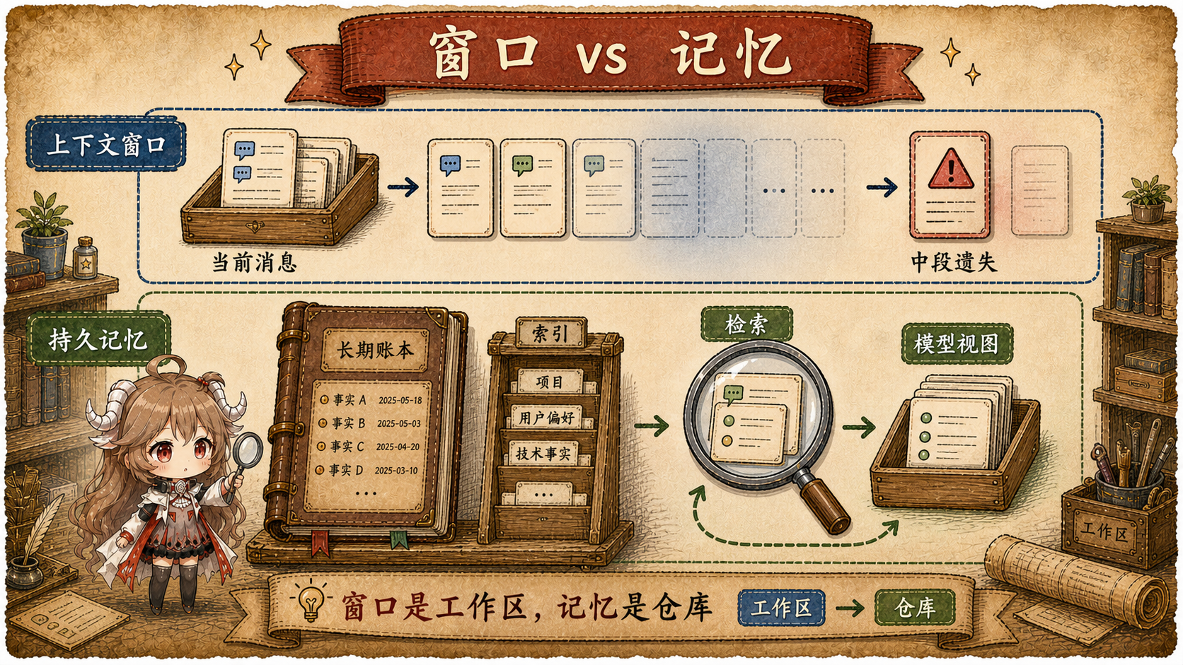Context vs Memory 对比图，展示 context window 的短期消息与 persistent memory 的 durable ledger 通过 search lens 进入 model view