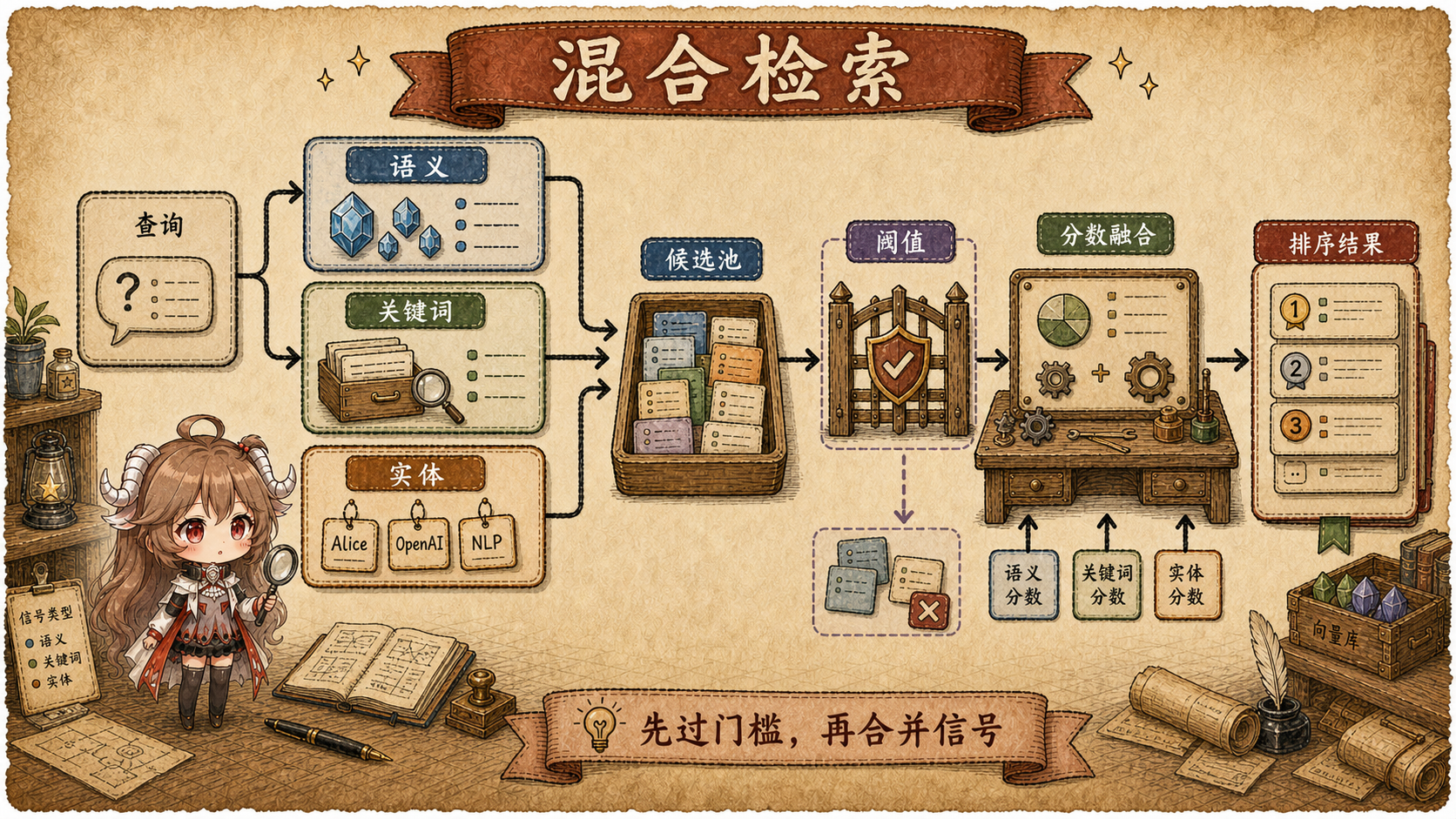Hybrid Retrieval 图，展示 query 分成 semantic、keyword、entity 三路信号，进入 candidate pool、threshold 和 score fusion 后生成 ranked results