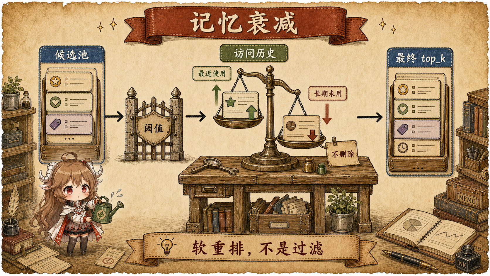 Memory Decay 图，展示 candidate pool 通过 threshold 后，根据 access history 把 recent touch 上调、stale 下调，形成 final top_k