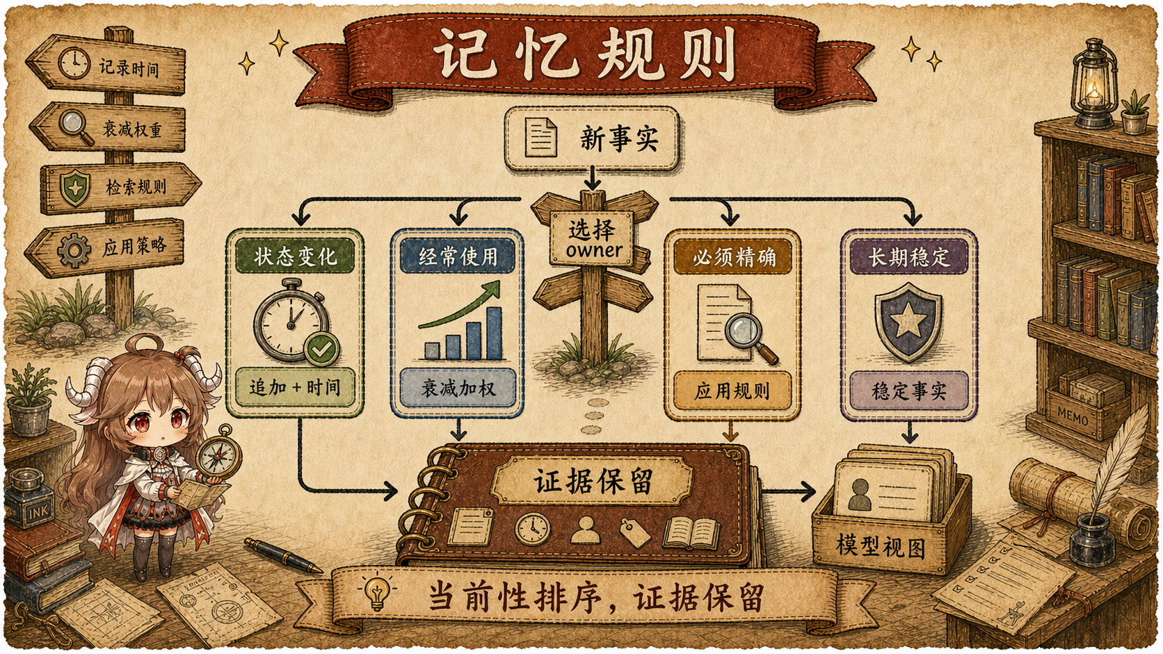 Memory Rules 图，展示 new fact 进入归属判断后，按状态变化、近期使用、必须精确、长期稳定分别走 ADD 加时间、decay boost、应用规则和稳定事实