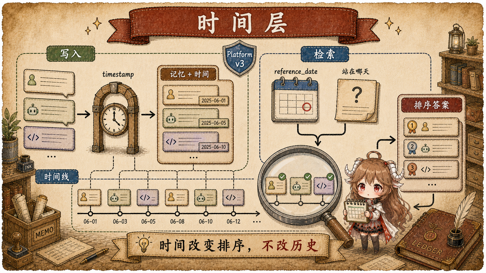 Temporal Layer 图，展示 add 阶段 timestamp 进入 memory time，search 阶段 reference_date 与 as of when 问题在 timeline 上选择 ranked answer