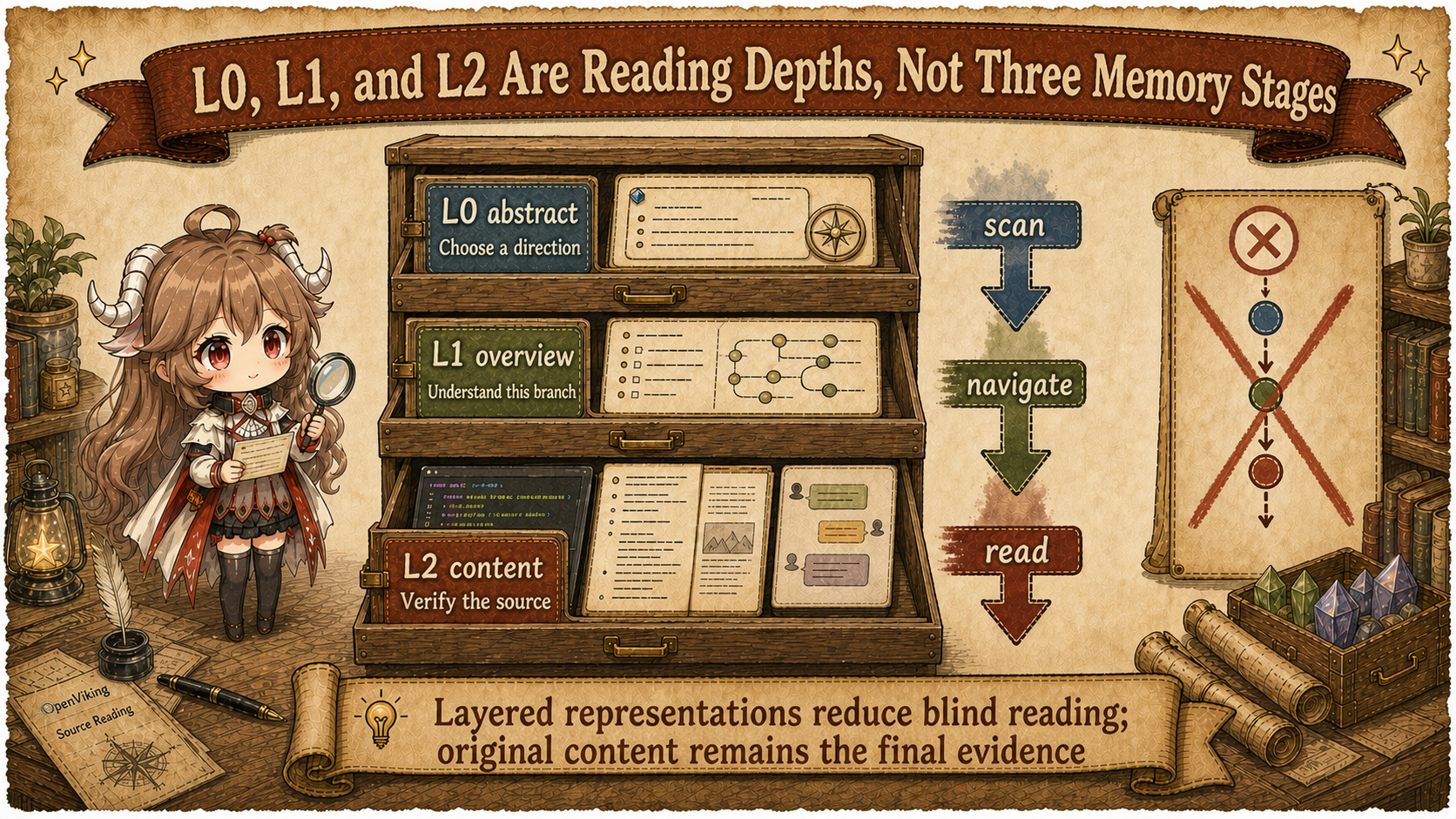 OpenViking L0 L1 L2 reading-depth diagram: L0 chooses a direction, L1 explains a branch, L2 verifies original content, while a crossed-out timeline rejects the memory-stage interpretation