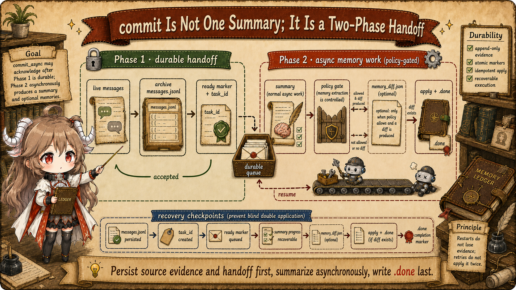 OpenViking two-phase session commit: Phase 1 persists messages jsonl, ready marker, and task id before returning accepted; Phase 2 asynchronously produces a summary and writes an optional memory diff only when policy allows and a diff is produced, then writes done last