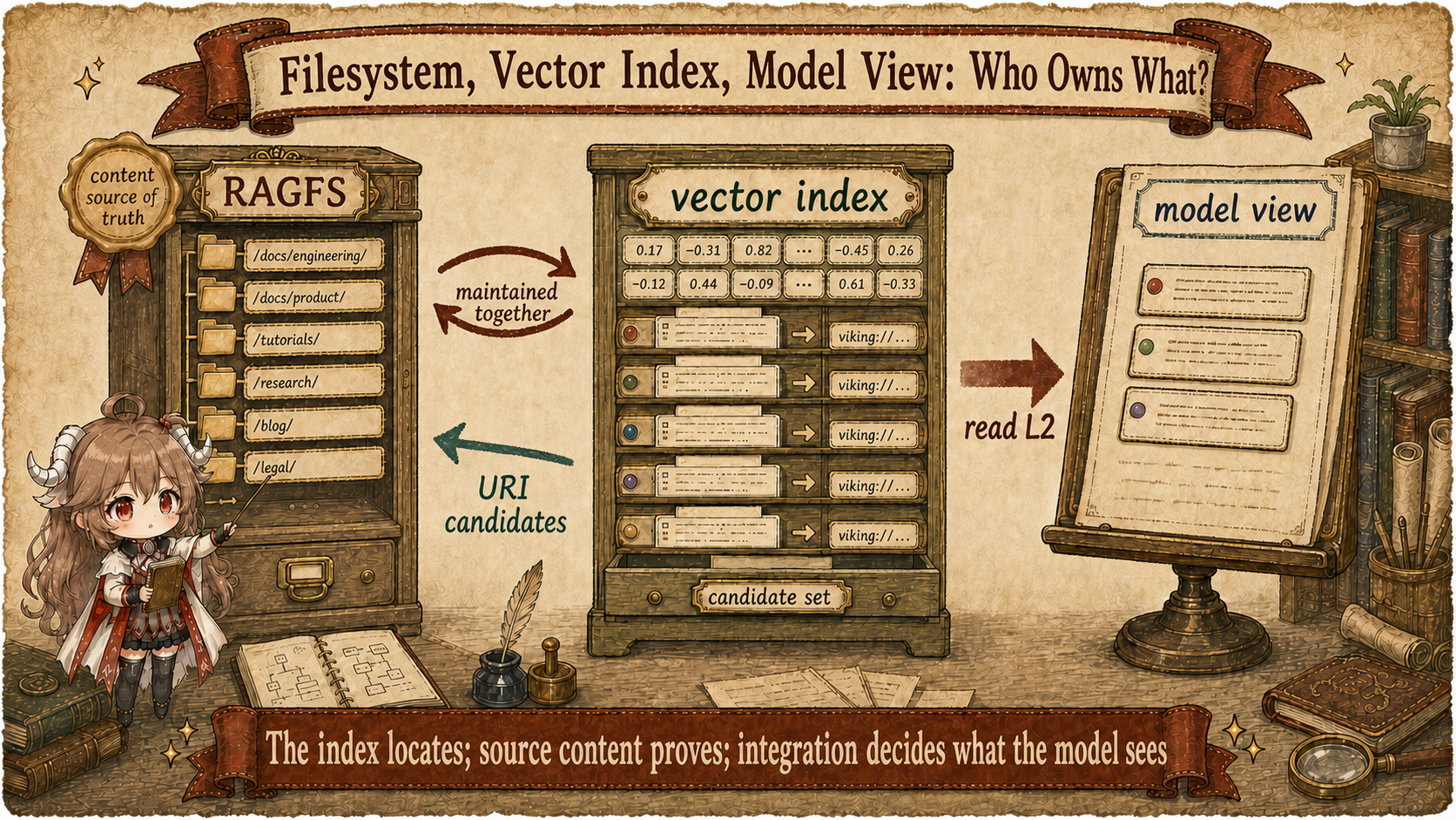 OpenViking storage responsibility diagram: RAGFS keeps authoritative content, the vector index returns viking URI candidates, and the integration reads L2 to assemble the model view
