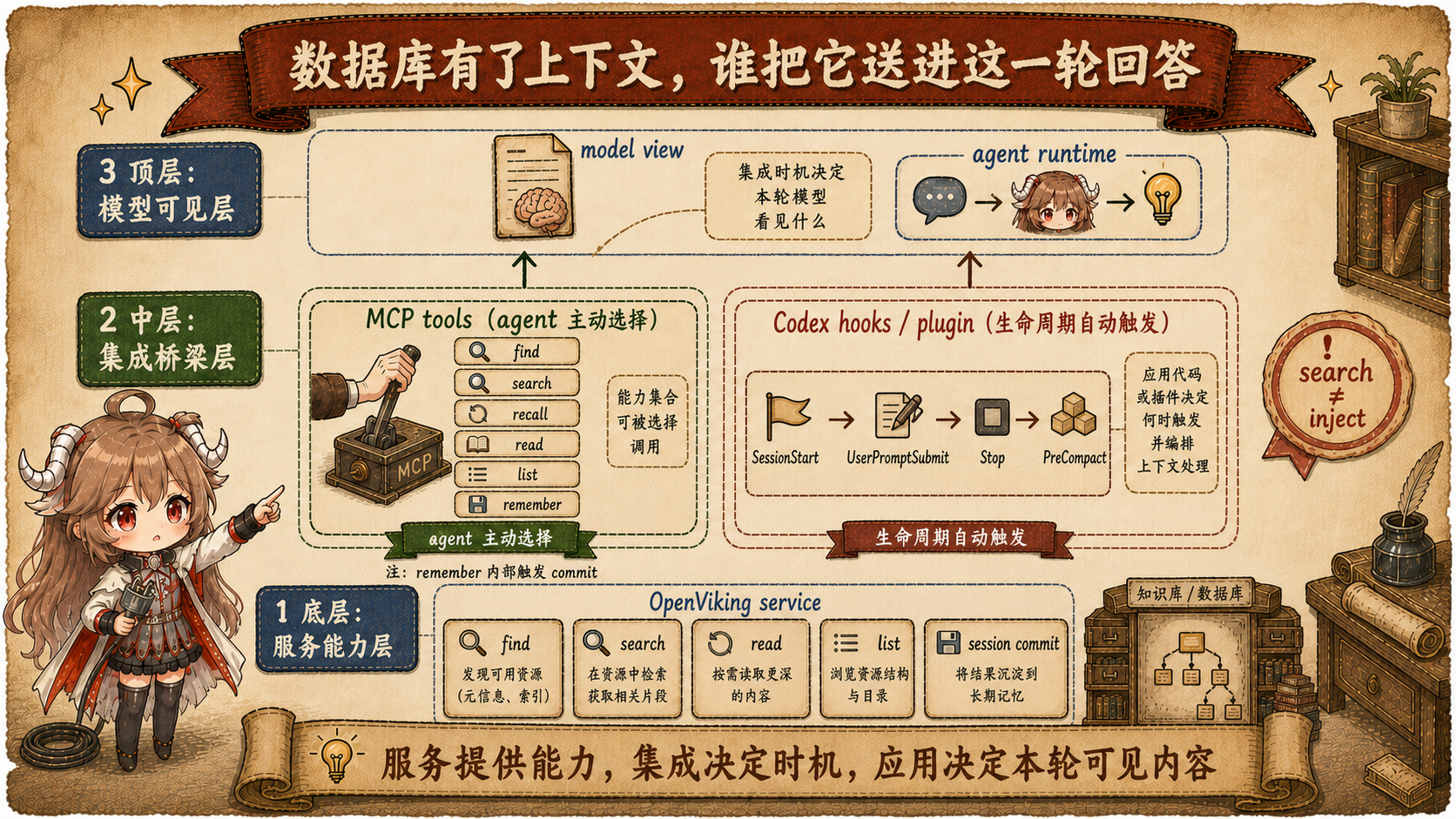 OpenViking 集成边界图，底层 service 提供 find、search、read 与 session commit；中层 MCP 暴露 find、search、recall、read、list、remember，Codex hooks 在 SessionStart、UserPromptSubmit、Stop、PreCompact 触发；顶层组装 model view，强调 search 不等于 inject