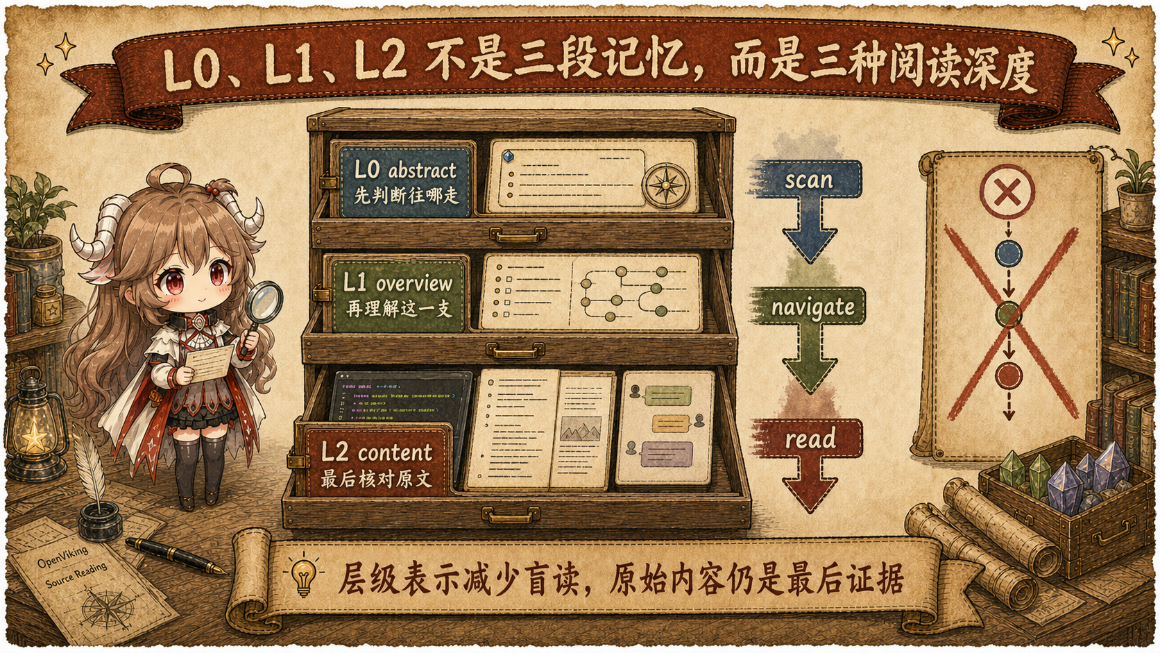 OpenViking L0 L1 L2 阅读深度图，L0 用于选方向，L1 用于理解分支，L2 用于核对原始内容，并划掉把三层误解为记忆时间线的读法