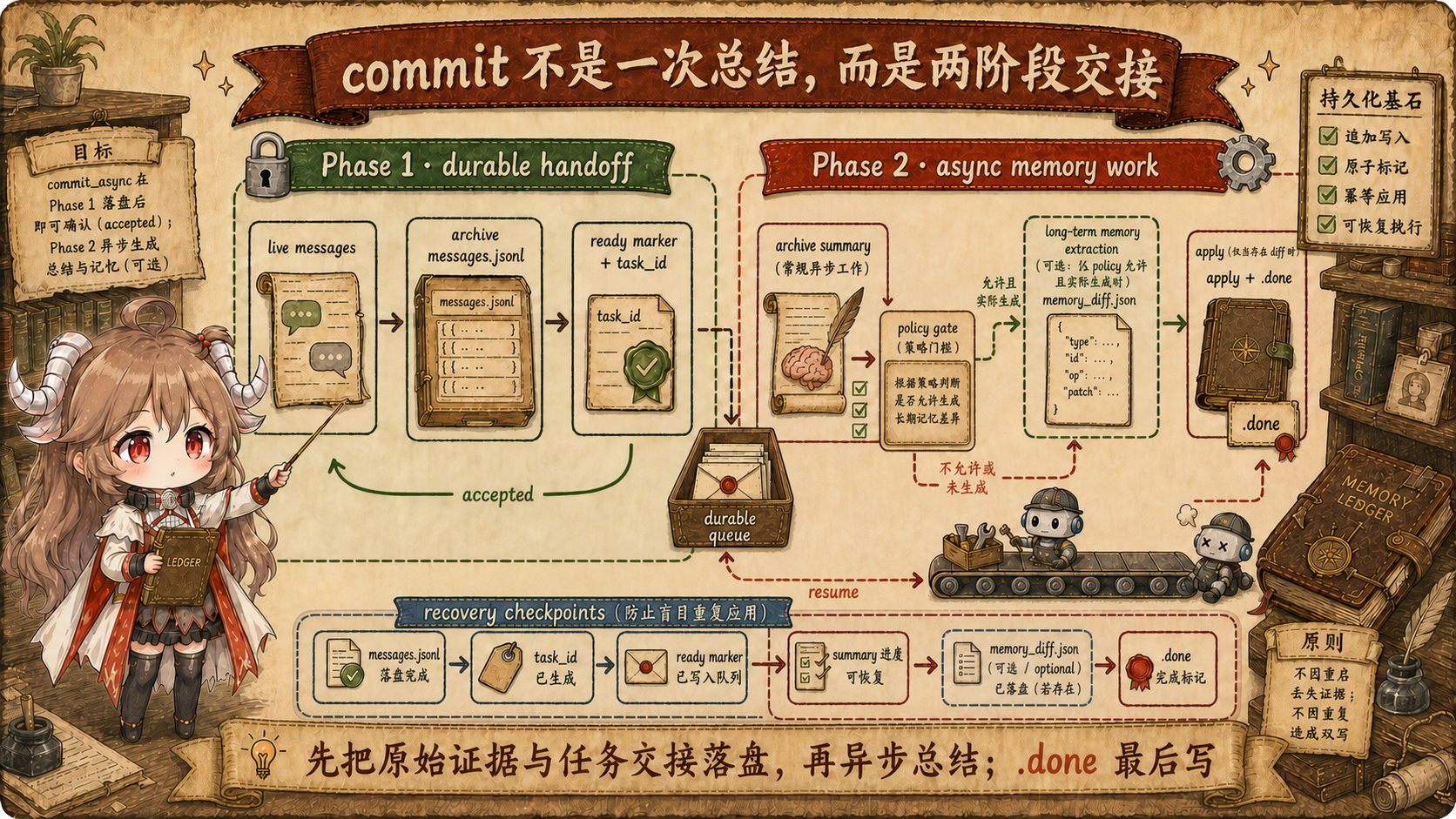 OpenViking session commit 两阶段图，Phase 1 持久化原始 messages jsonl、ready marker 与 task id 后返回 accepted；Phase 2 异步生成 summary，并仅在 policy 允许且实际生成差异时写可选的 memory diff，最后写 done 标记