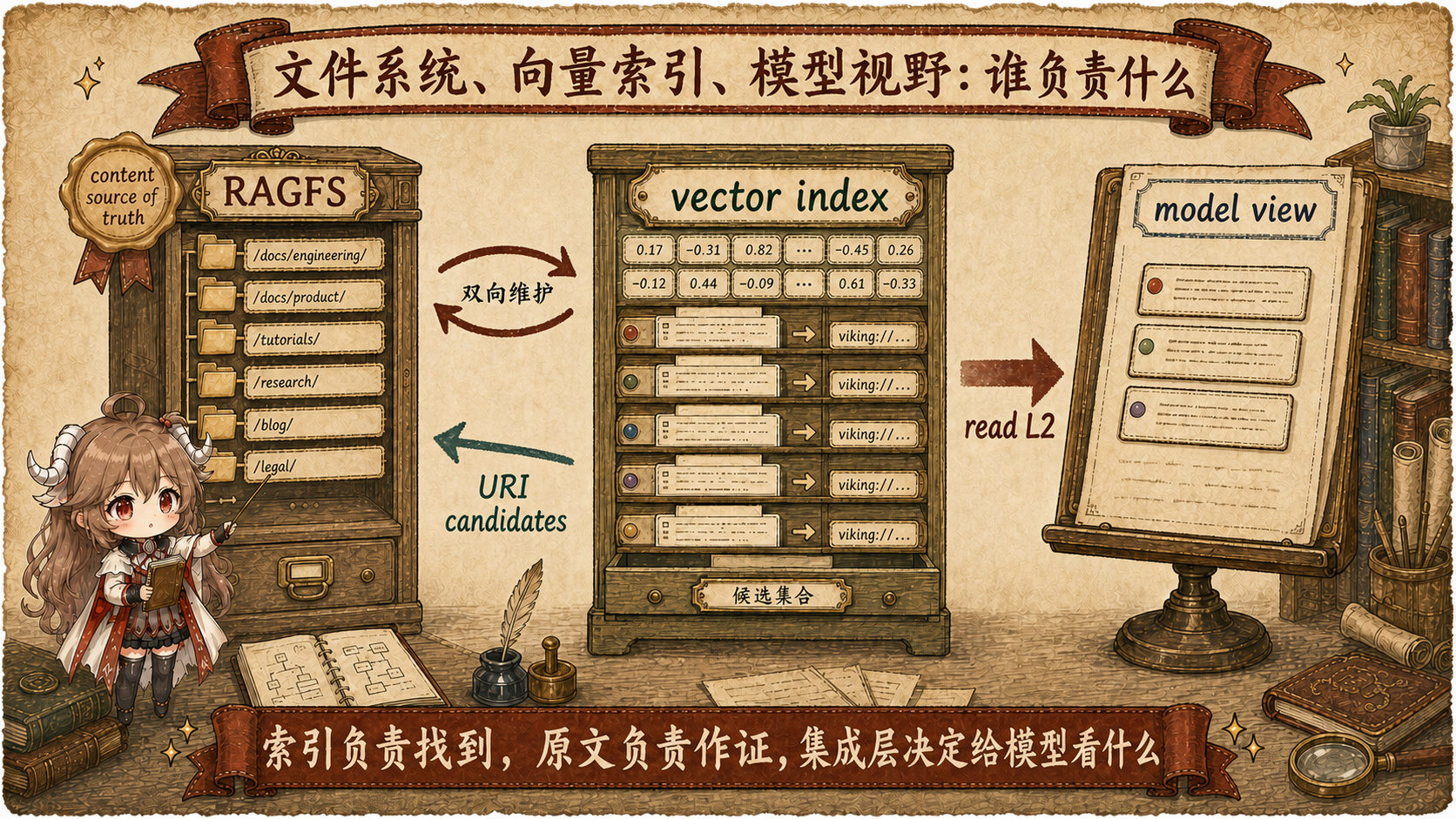 OpenViking 存储职责边界图，RAGFS 保存权威内容，vector index 返回 viking URI 候选，集成层读取 L2 并组装 model view