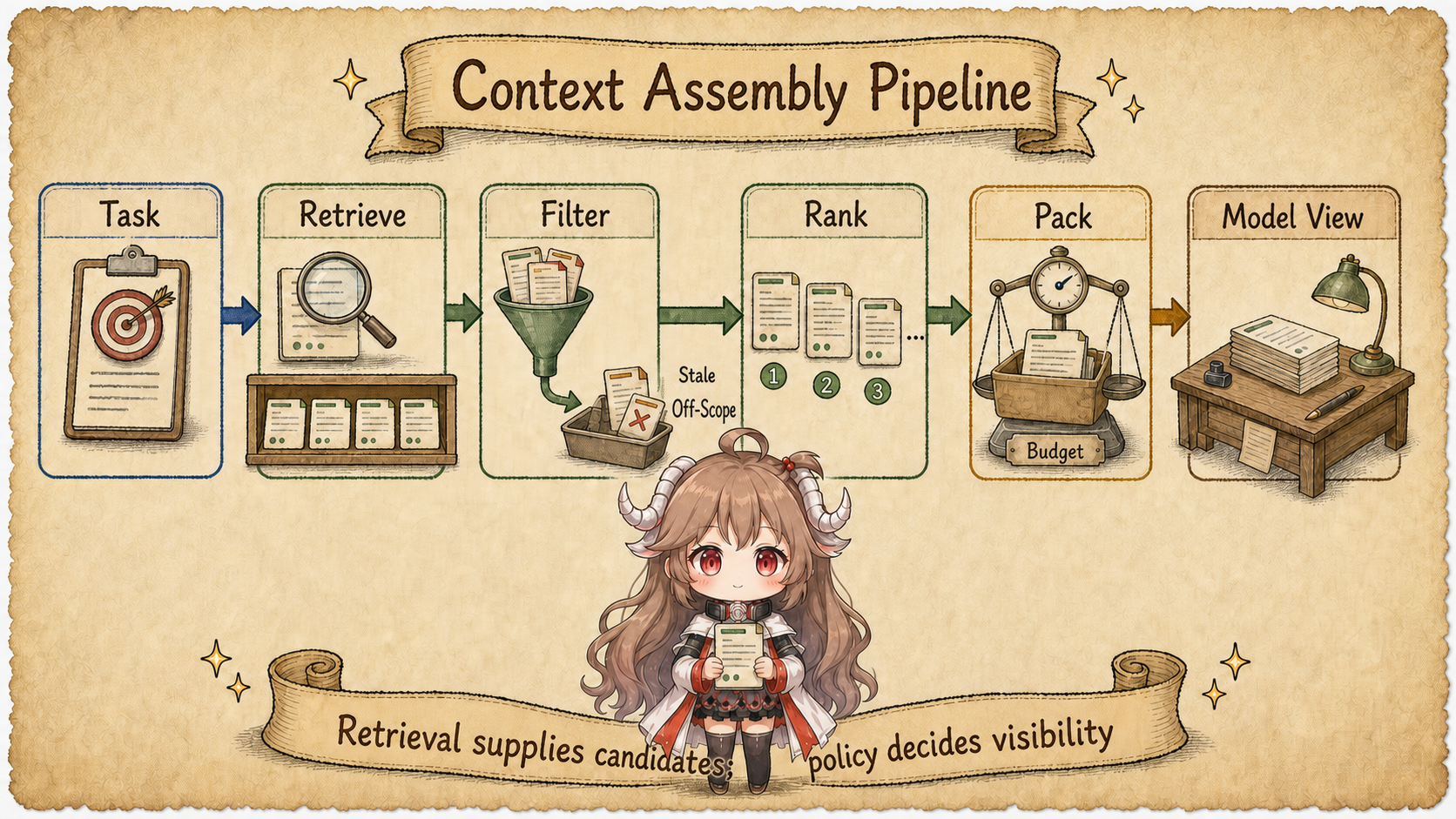 Context assembly pipeline from task and retrieval through filter, rank, budget packing, and model view
