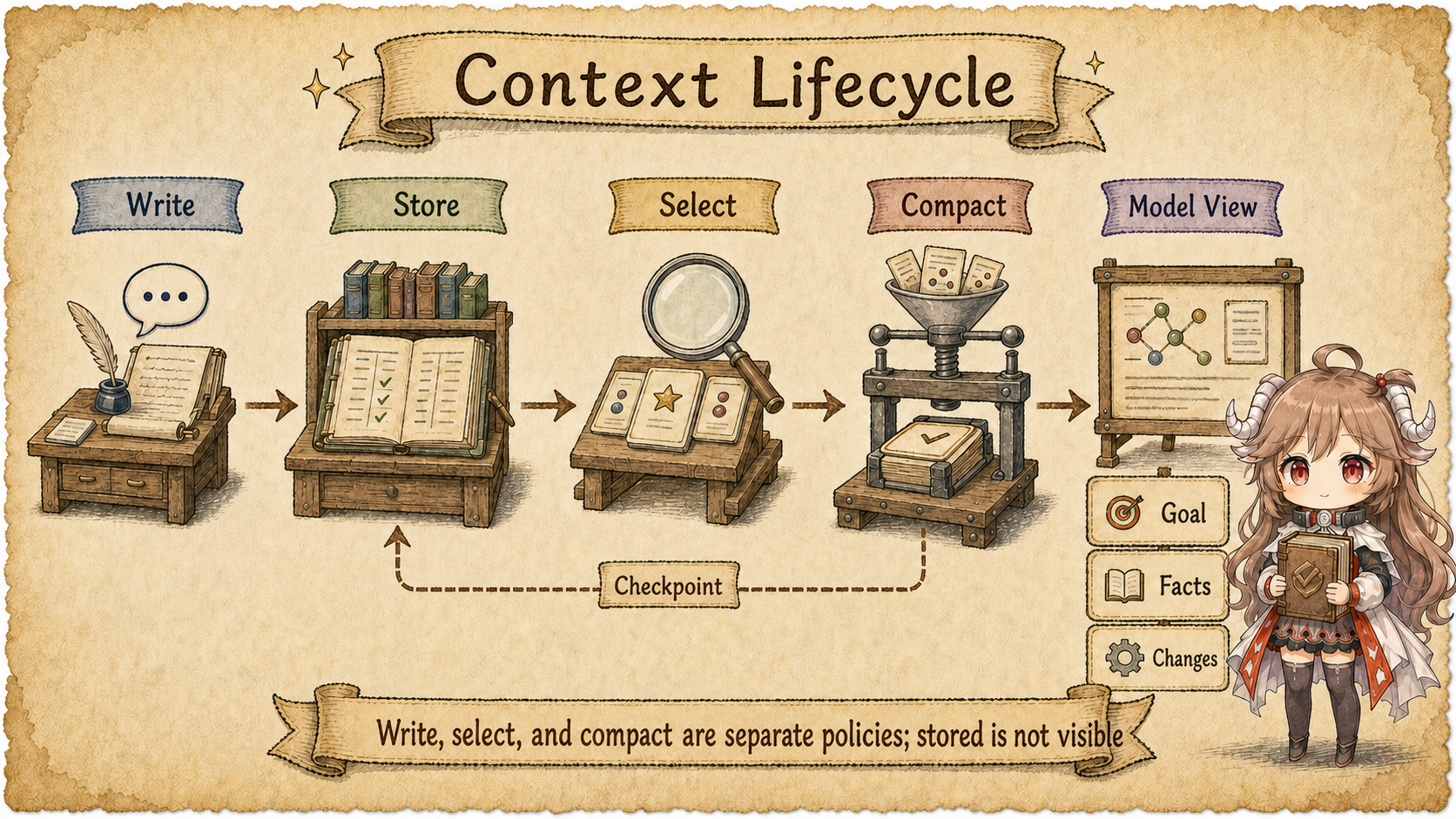 Context lifecycle separating writes to durable storage, selection into the model view, and compact checkpoints
