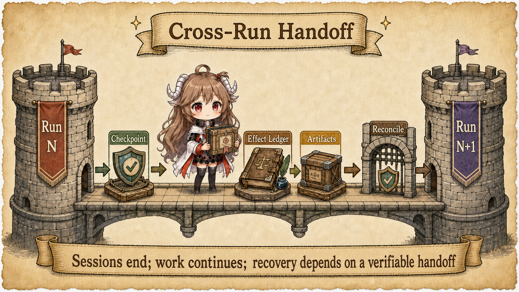 Cross-run handoff where Run N passes a checkpoint, effect ledger, and artifacts to Run N plus one