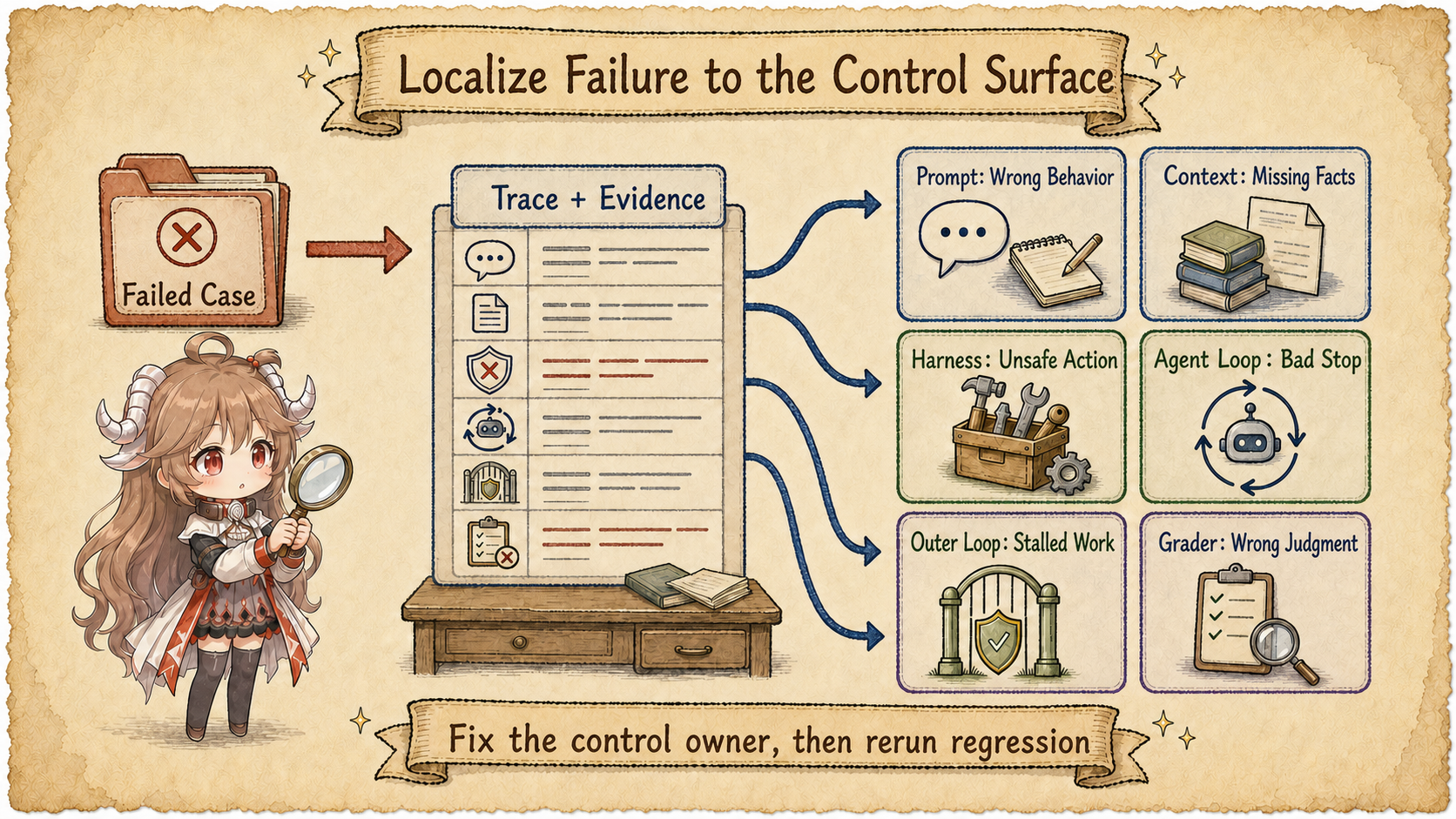 Eval failure localization routes to Prompt, Context, Harness, Agent Loop, Outer Loop, and Grader