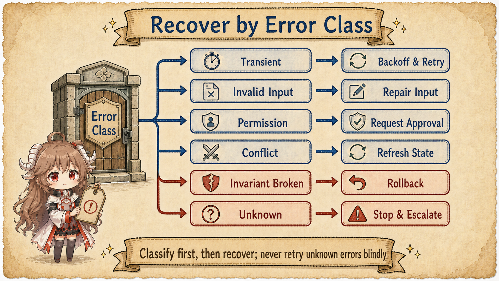 Agent loop recovery routes for transient, invalid input, permission, conflict, invariant, and unknown errors